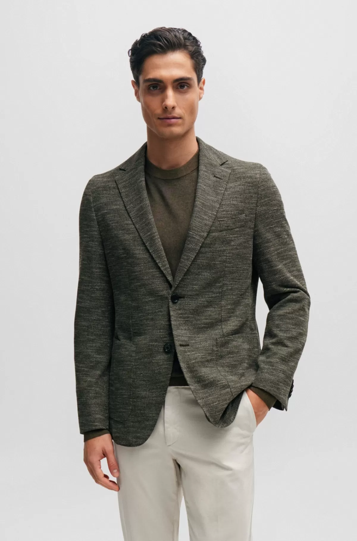 HUGO BOSS Slim Fit Jakke I Mikromønstret Jersey Med Stræk Mørkegrøn Flash Sale