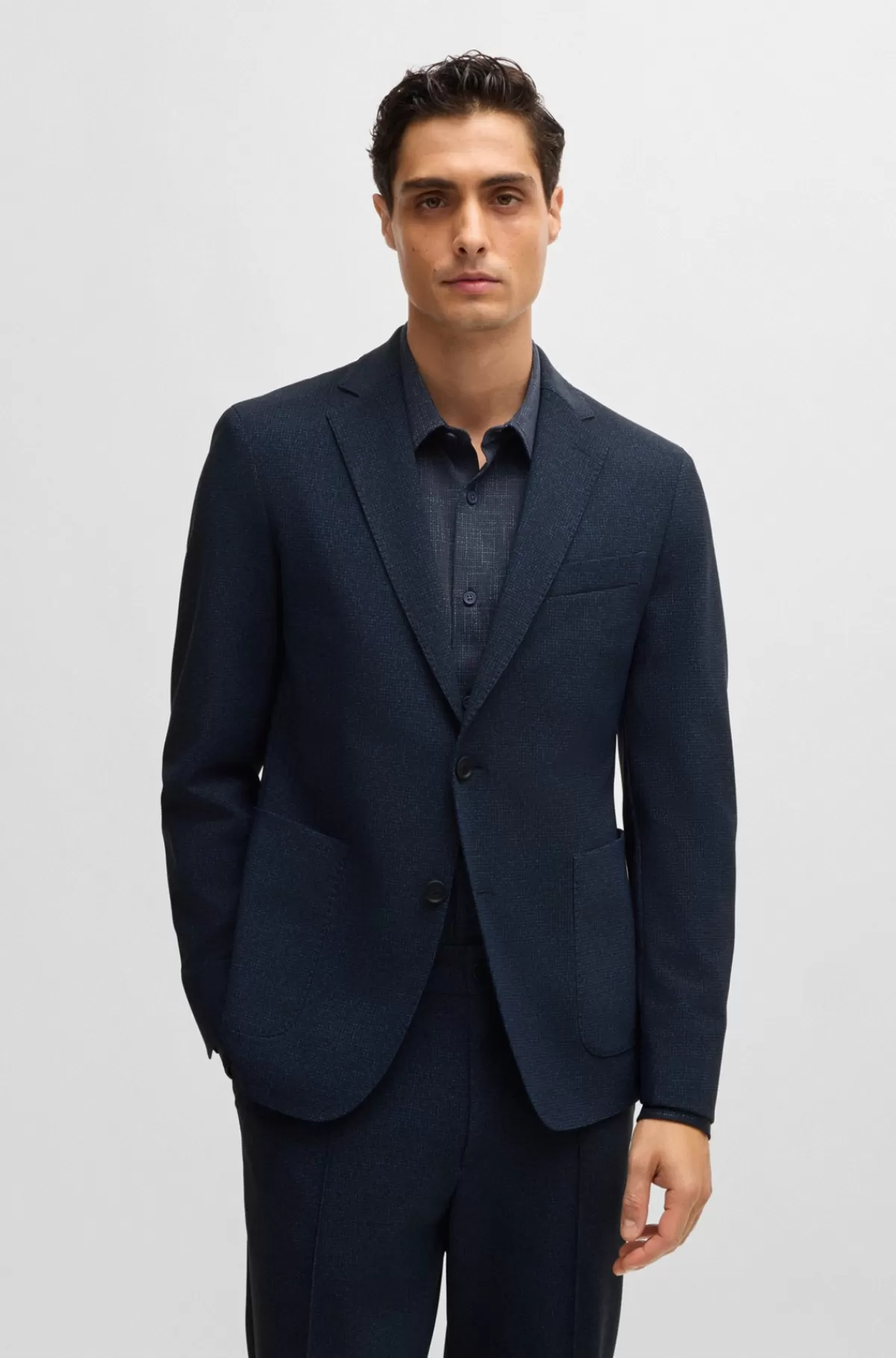 HUGO BOSS Slim Fit Jakke I Mikromønstret Stof Med Performance-stræk Mørkeblå Sale