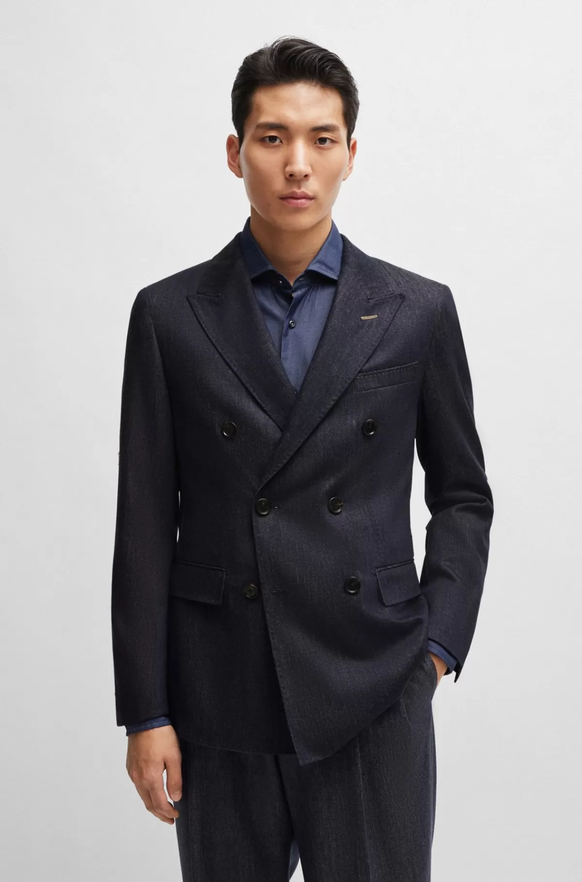 HUGO BOSS Slim Fit Jakke I Ny Uld Med Denimeffekt Mørkeblå Outlet