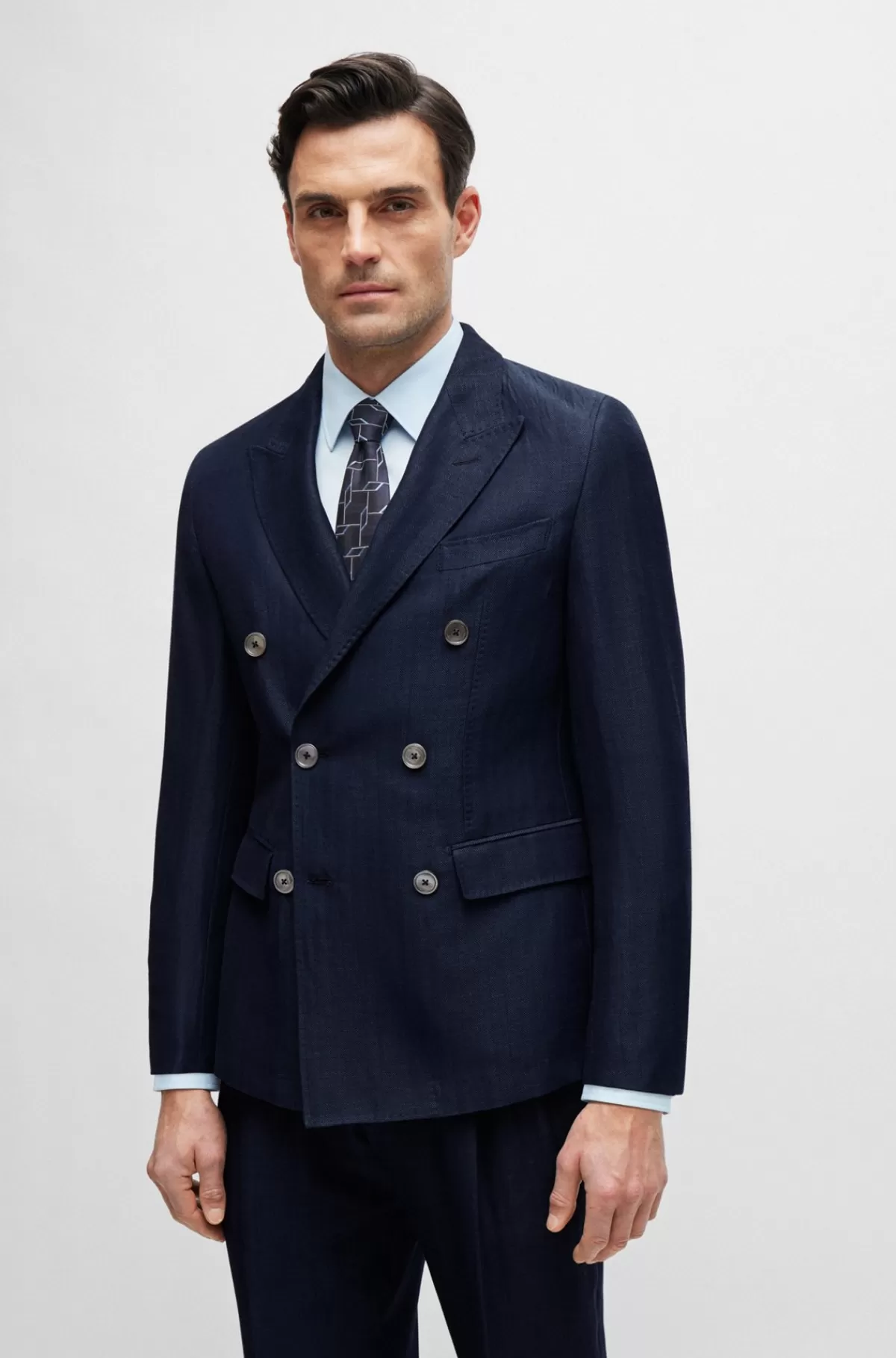 HUGO BOSS Slim Fit Jakke I Sildebensstribet Hør Og Ny Uld Mørkeblå Hot