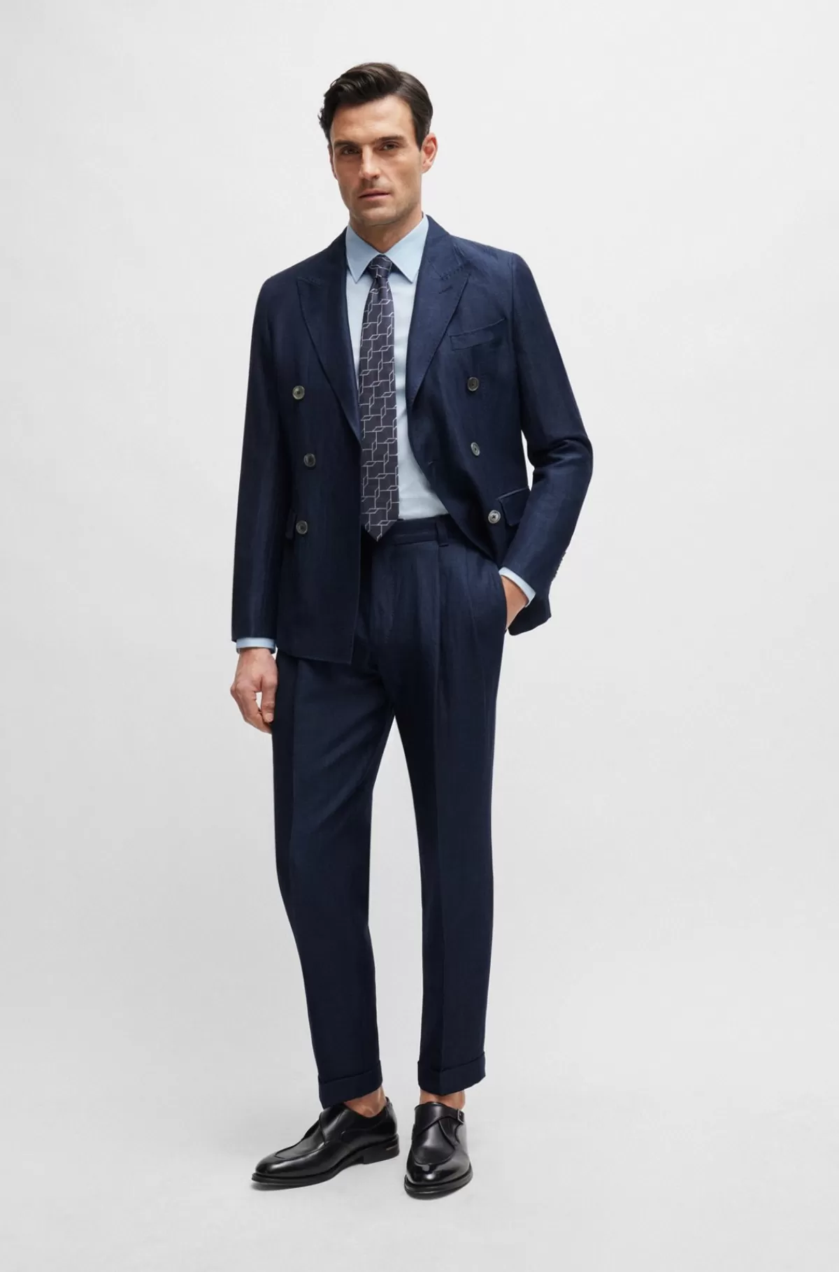 HUGO BOSS Slim Fit Jakke I Sildebensstribet Hør Og Ny Uld Mørkeblå Hot