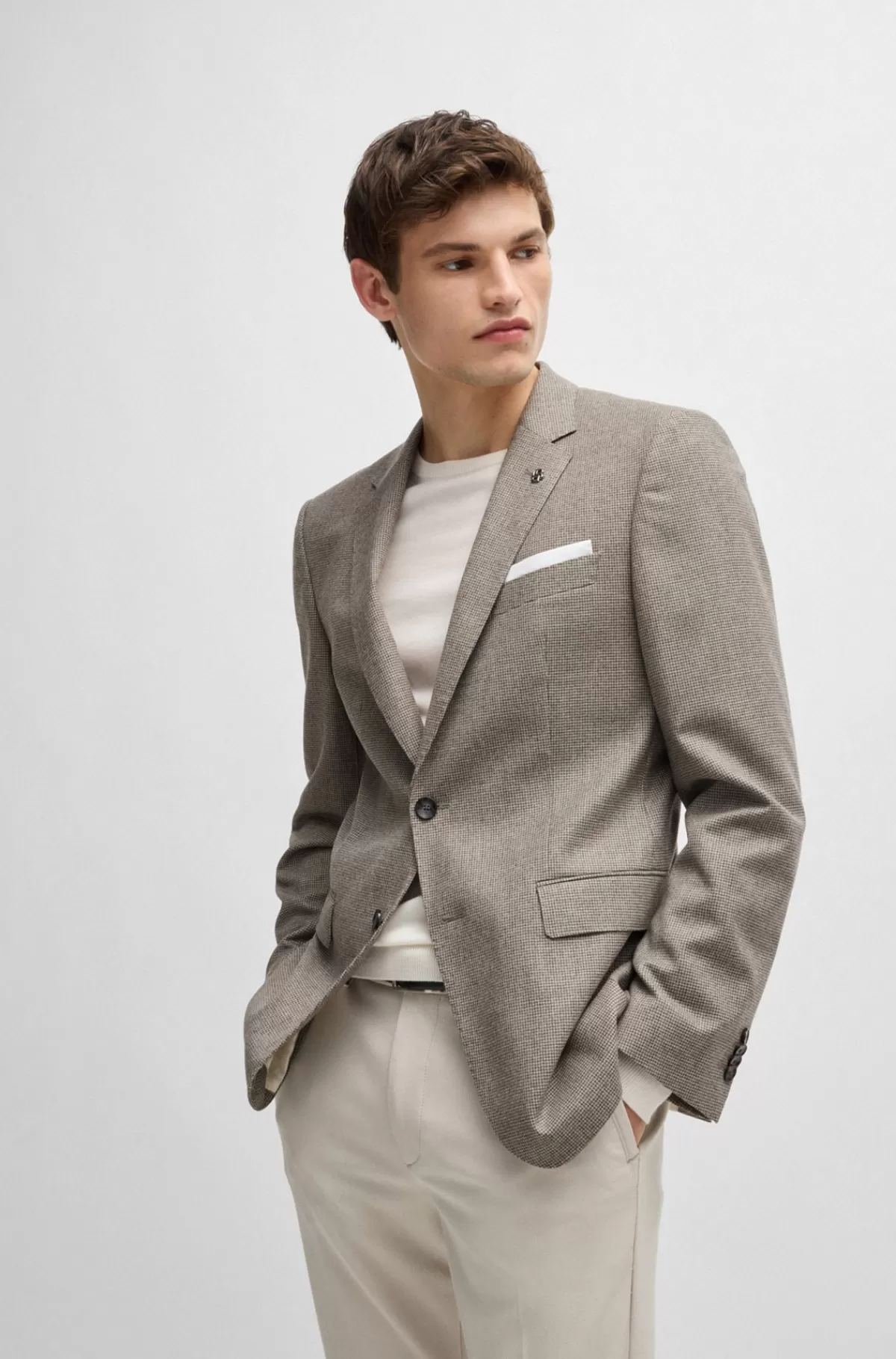 HUGO BOSS Slim Fit Jakke I Uld Med Stræk Og Mikromønster Beige Flash Sale
