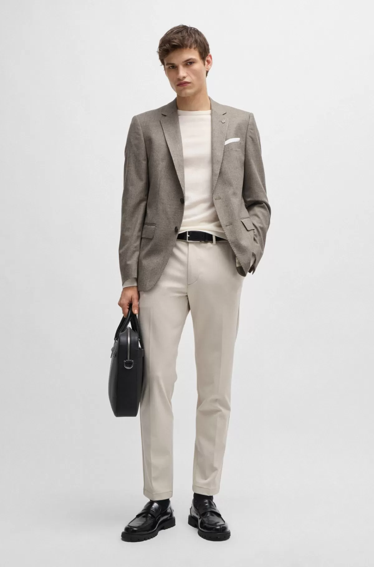 HUGO BOSS Slim Fit Jakke I Uld Med Stræk Og Mikromønster Beige Flash Sale