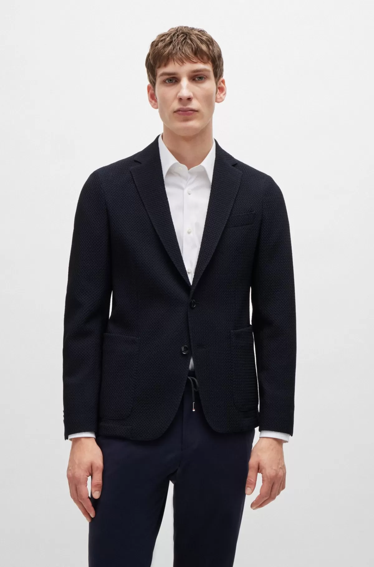 HUGO BOSS Slim Fit Jakke I Uldblanding Med Bæk Og Bølge-struktur Mørkeblå Discount