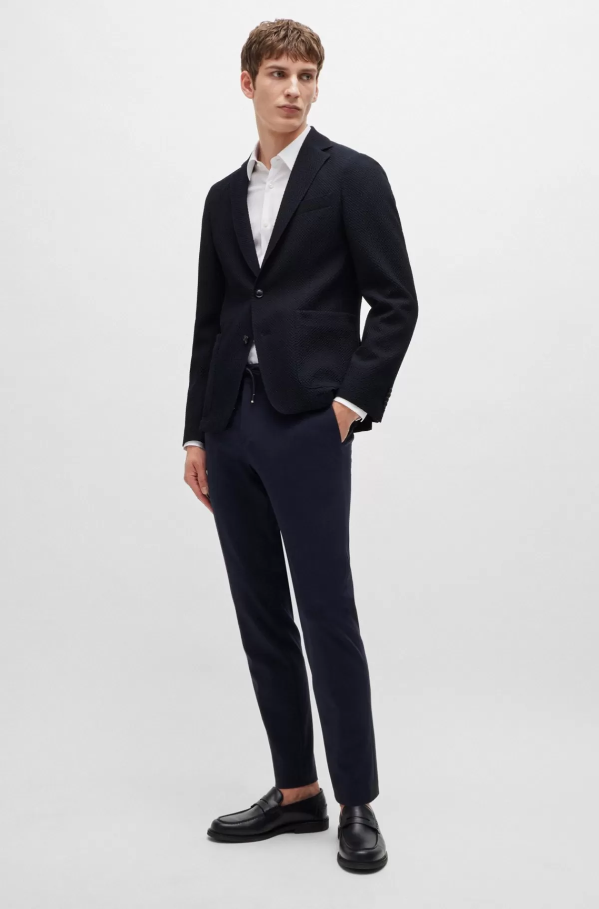 HUGO BOSS Slim Fit Jakke I Uldblanding Med Bæk Og Bølge-struktur Mørkeblå Discount