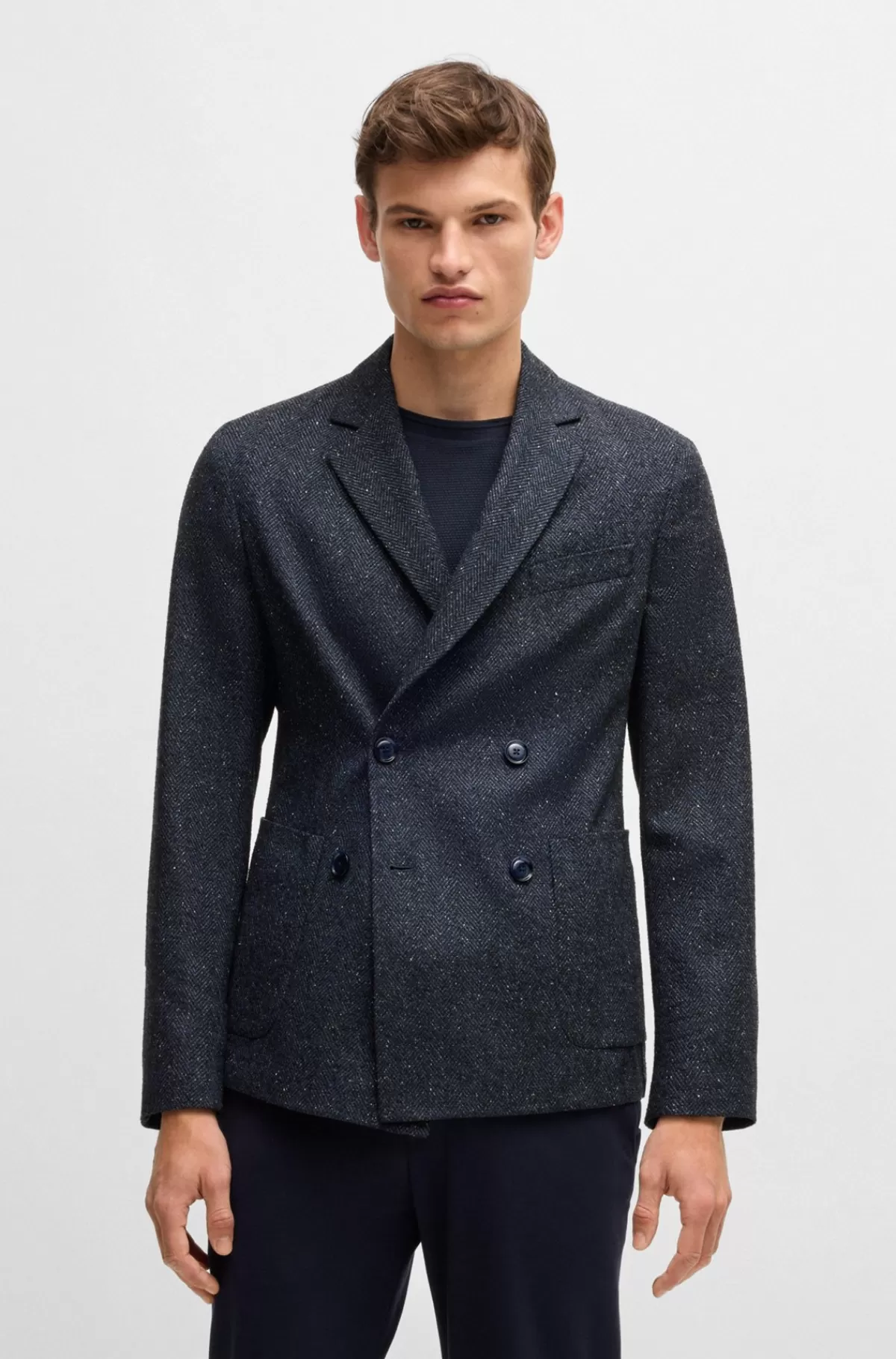 HUGO BOSS Slim Fit Jakke I Uldblanding Med Sildebensmønster Mørkeblå Shop