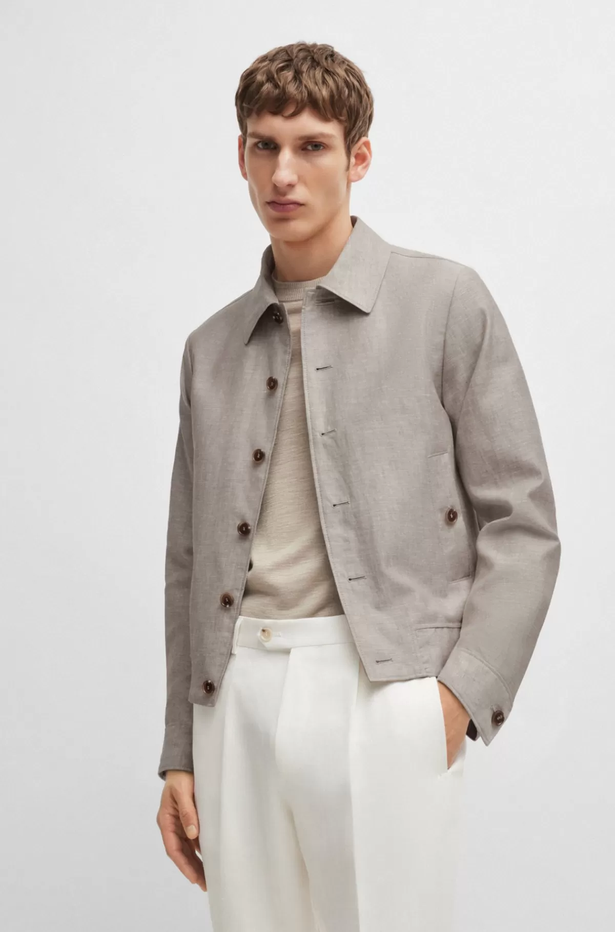 HUGO BOSS Slim Fit Jakke Vævet I Sildebensmønster Af Hør Og Silke Beige Cheap