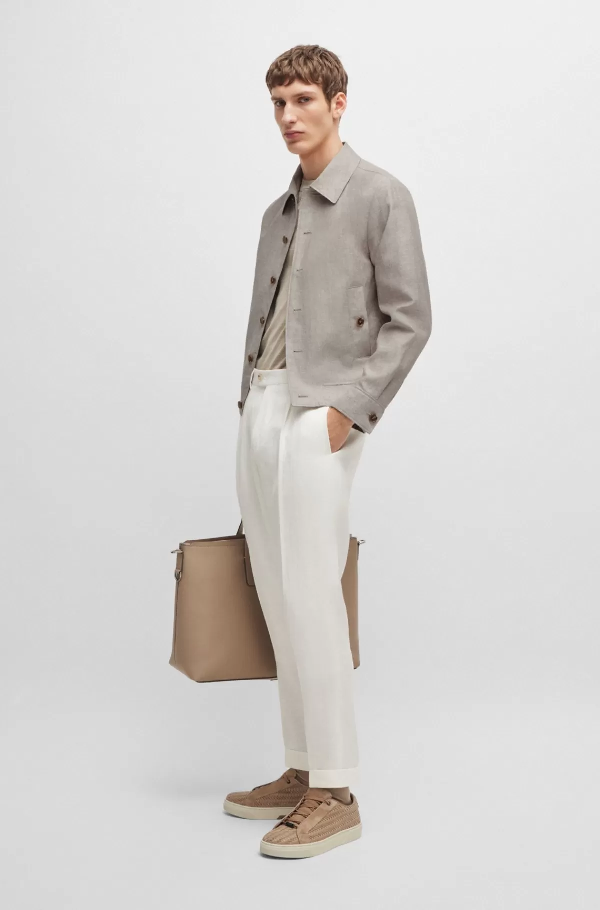 HUGO BOSS Slim Fit Jakke Vævet I Sildebensmønster Af Hør Og Silke Beige Cheap