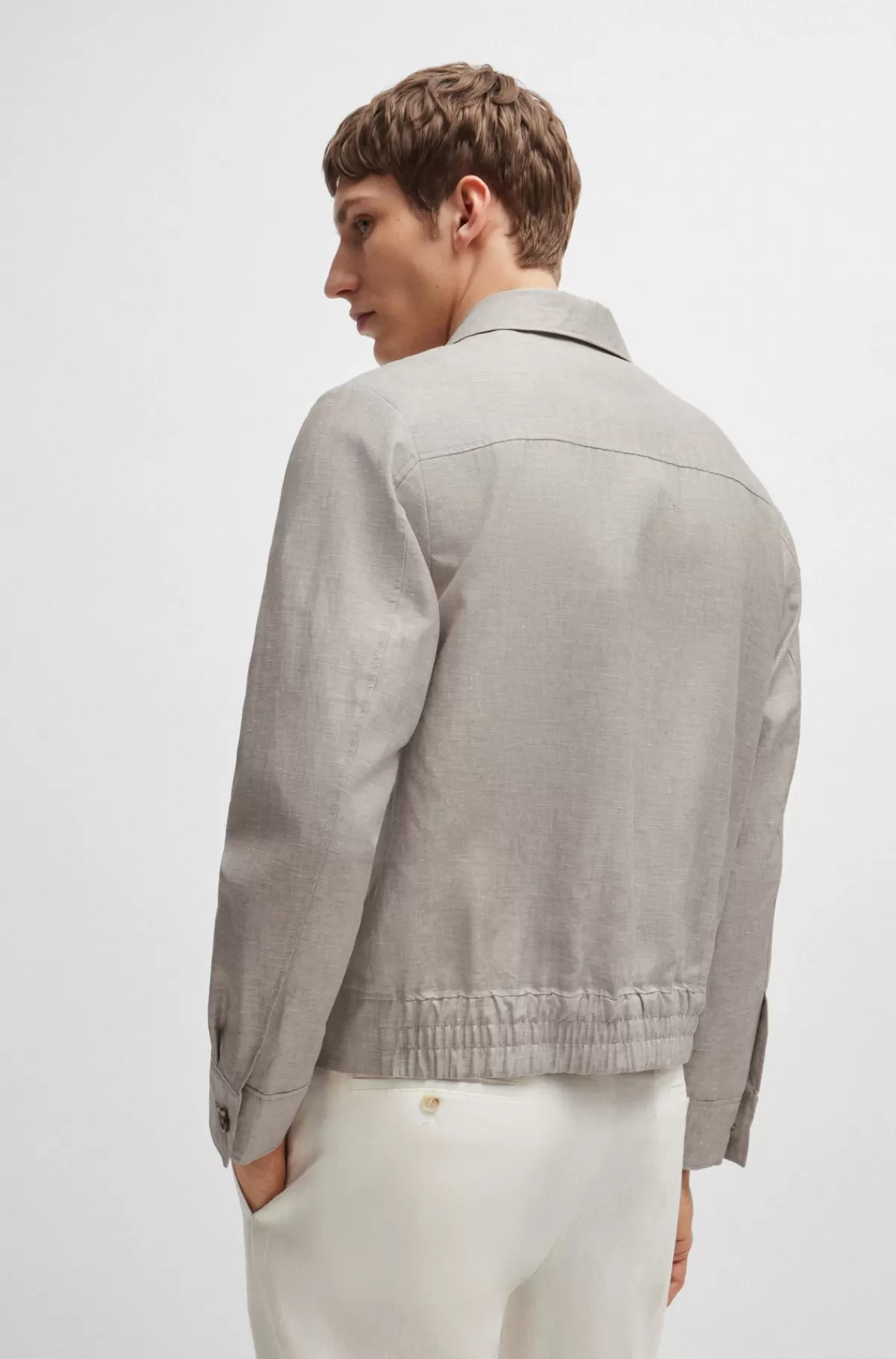 HUGO BOSS Slim Fit Jakke Vævet I Sildebensmønster Af Hør Og Silke Beige Cheap