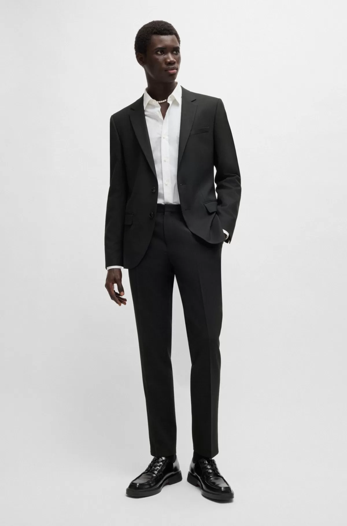 HUGO BOSS Slim Fit Jakkesæt I Mønstret Performance-stof Med Stræk Sort Shop