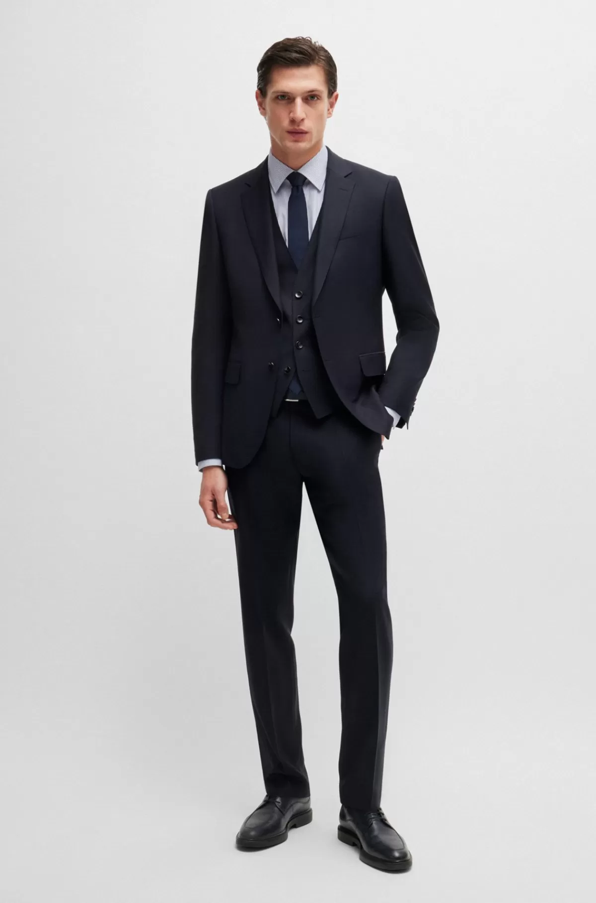 HUGO BOSS Slim Fit Jakkesæt I Ny Uld Med Mikromønster Mørkeblå Store