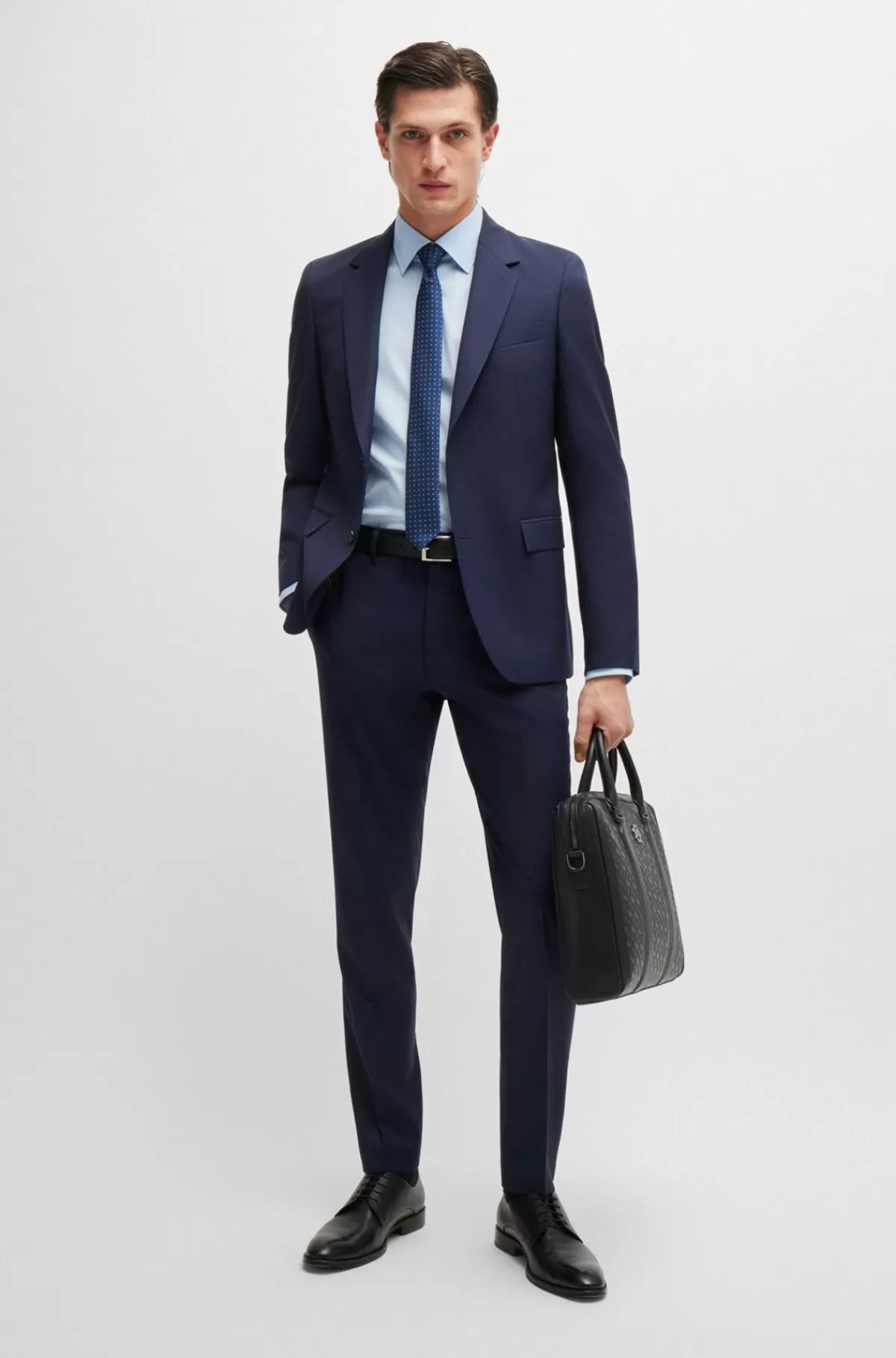 HUGO BOSS Slim Fit Jakkesæt I Ny Uld Med Mikromønster Mørkeblå Store