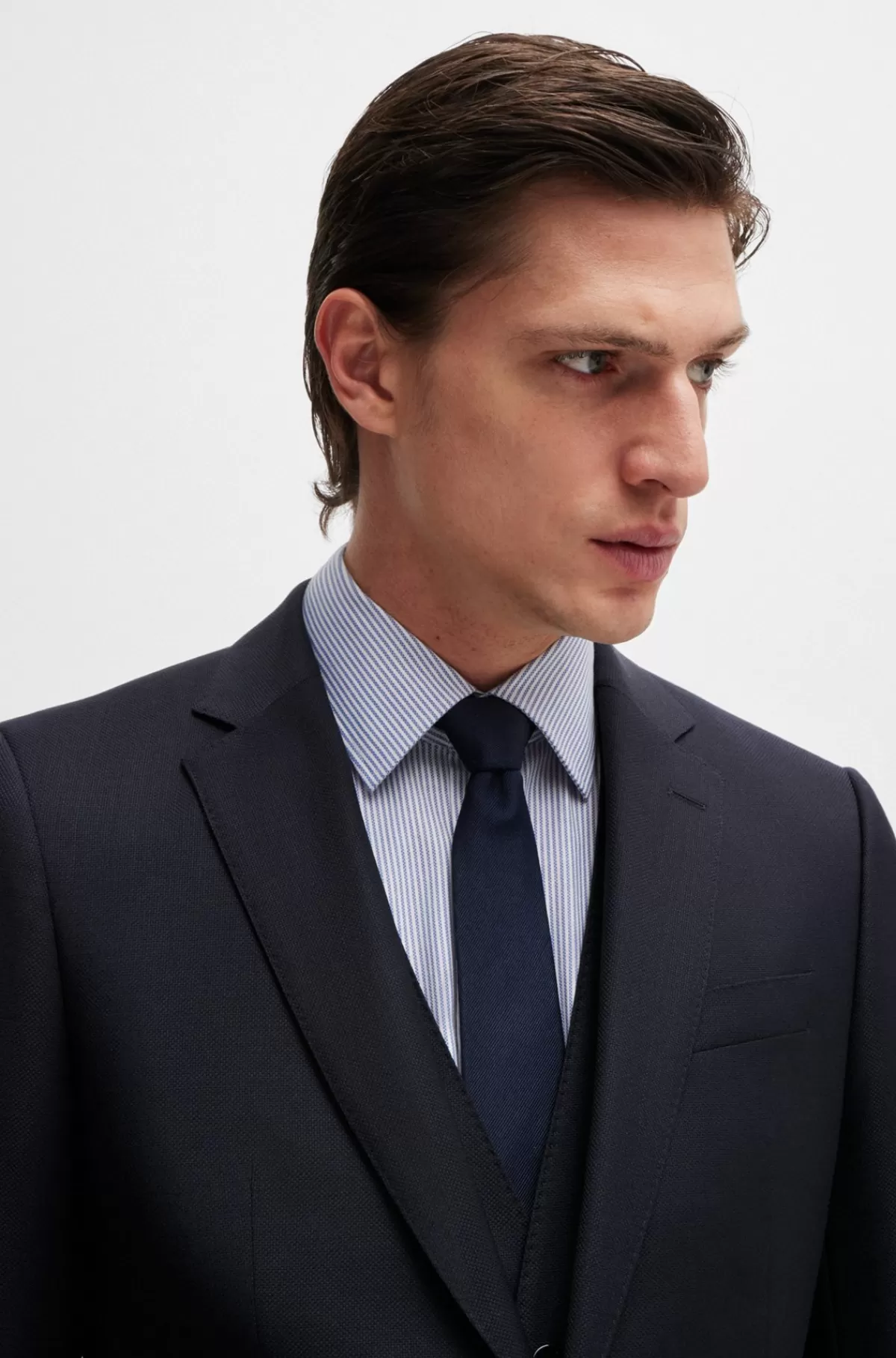 HUGO BOSS Slim Fit Jakkesæt I Ny Uld Med Mikromønster Mørkeblå Store