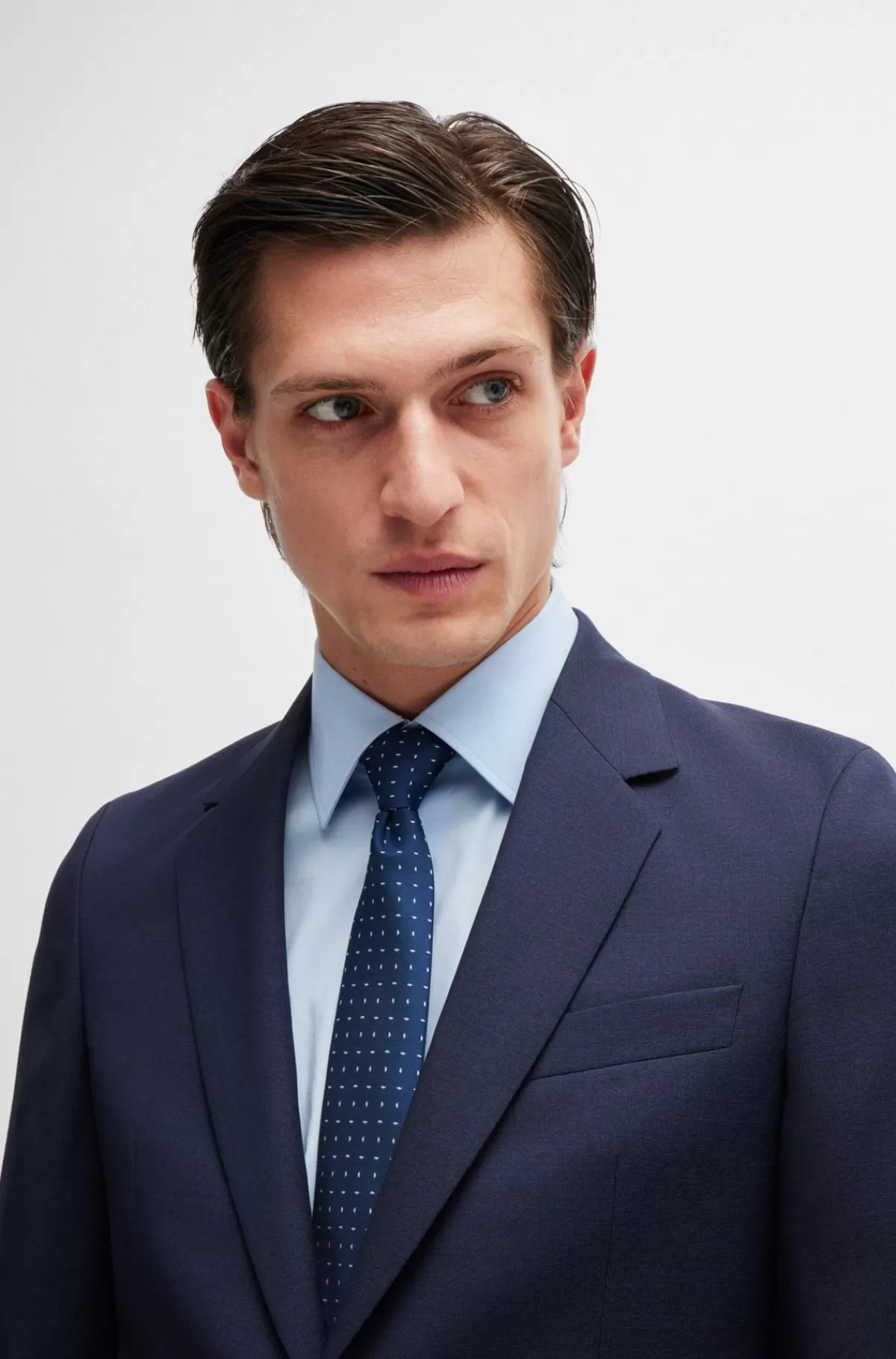 HUGO BOSS Slim Fit Jakkesæt I Ny Uld Med Mikromønster Mørkeblå Store
