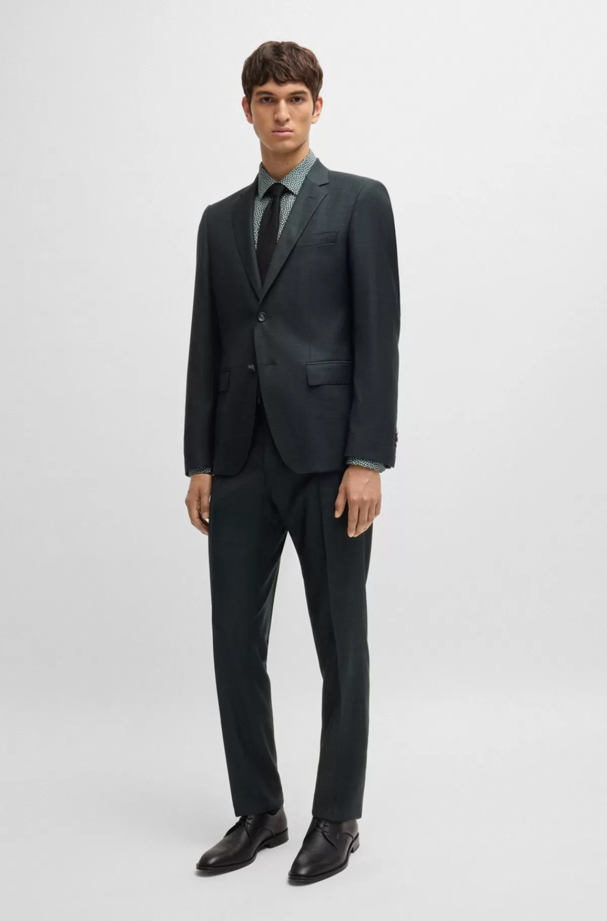 HUGO BOSS Slim Fit Jakkesæt I Uld Med Stræk Og Mikromønster Mørkegrøn Clearance