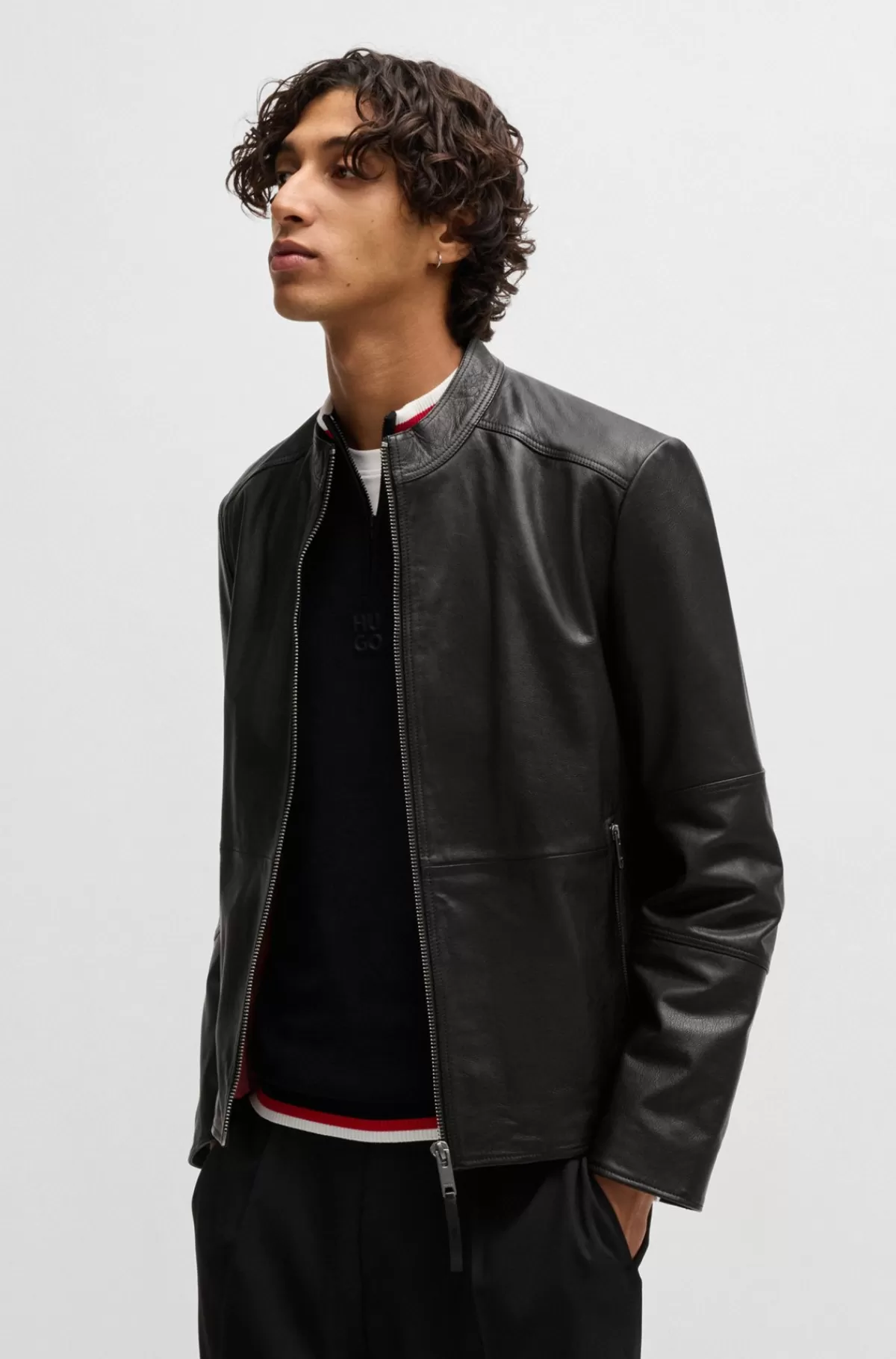 HUGO BOSS Slim Fit Læderjakke Med Kinakrave Sort Shop