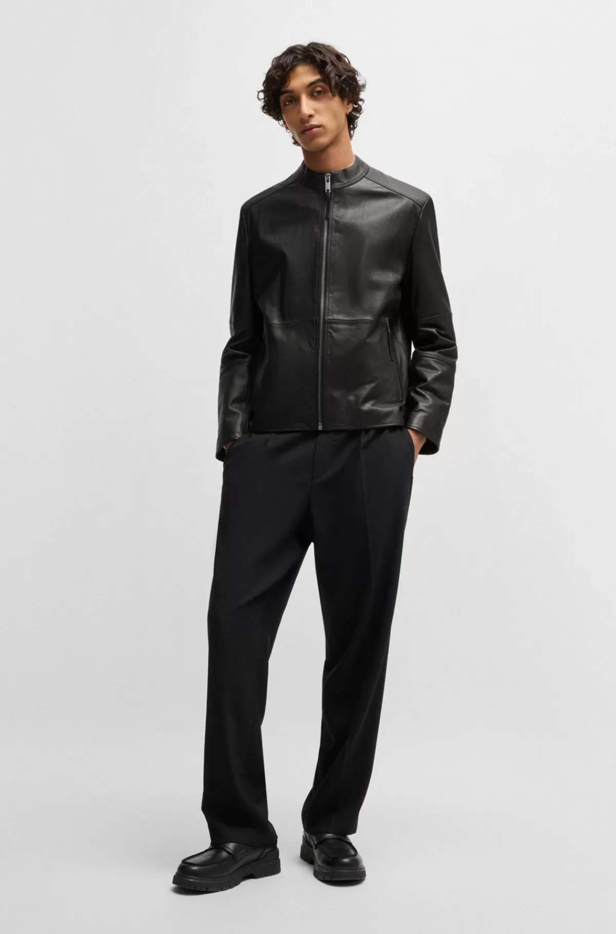 HUGO BOSS Slim Fit Læderjakke Med Kinakrave Sort Shop
