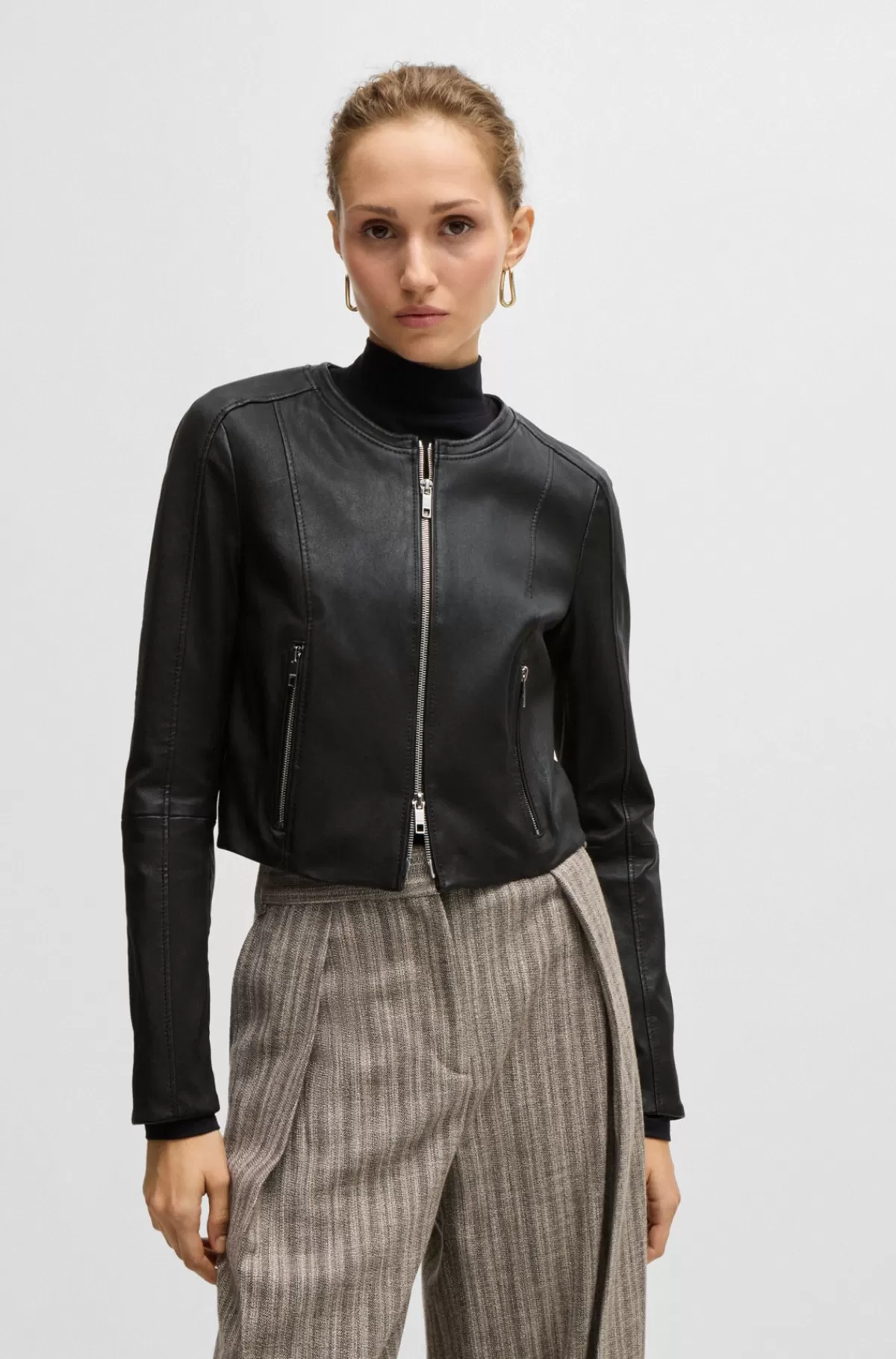HUGO BOSS Slim Fit Læderjakke Uden Krave Sort Fashion