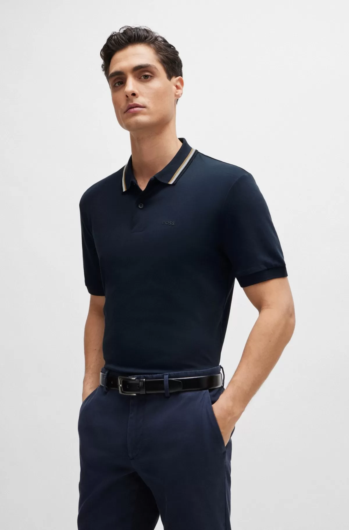 HUGO BOSS Slim Fit Poloshirt I Bomuld Med Stribet Krave Mørkeblå Store