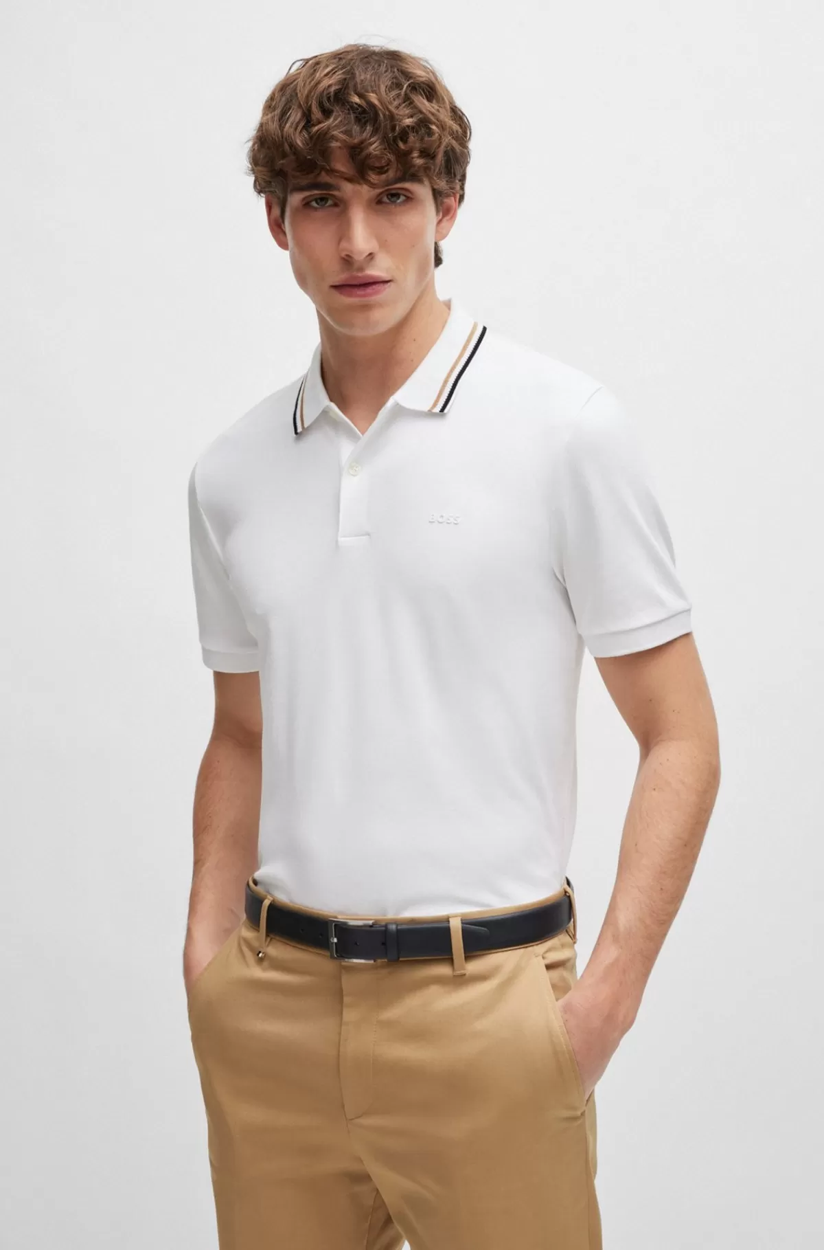 HUGO BOSS Slim Fit Poloshirt I Bomuld Med Stribet Krave Hvid Online