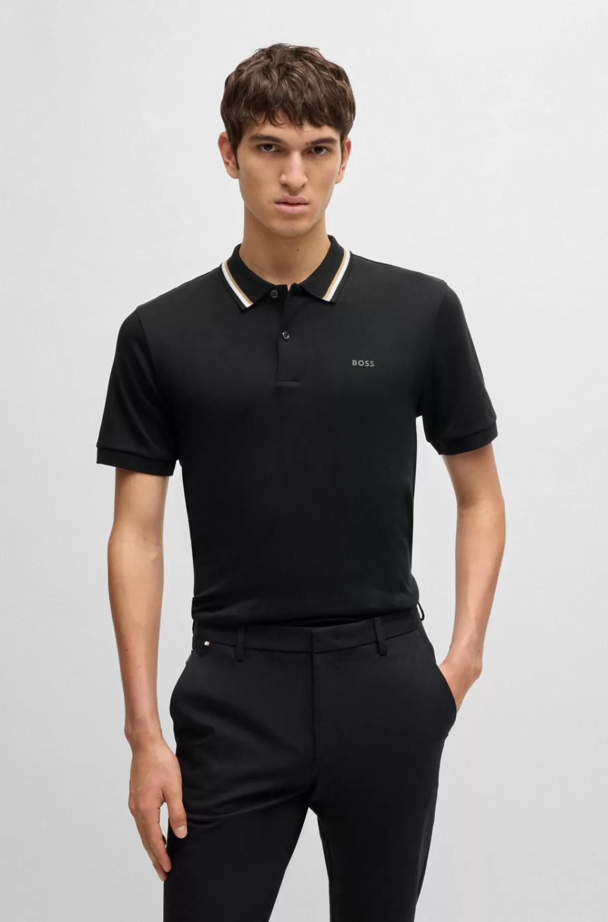HUGO BOSS Slim Fit Poloshirt I Bomuld Med Stribet Krave Sort Shop