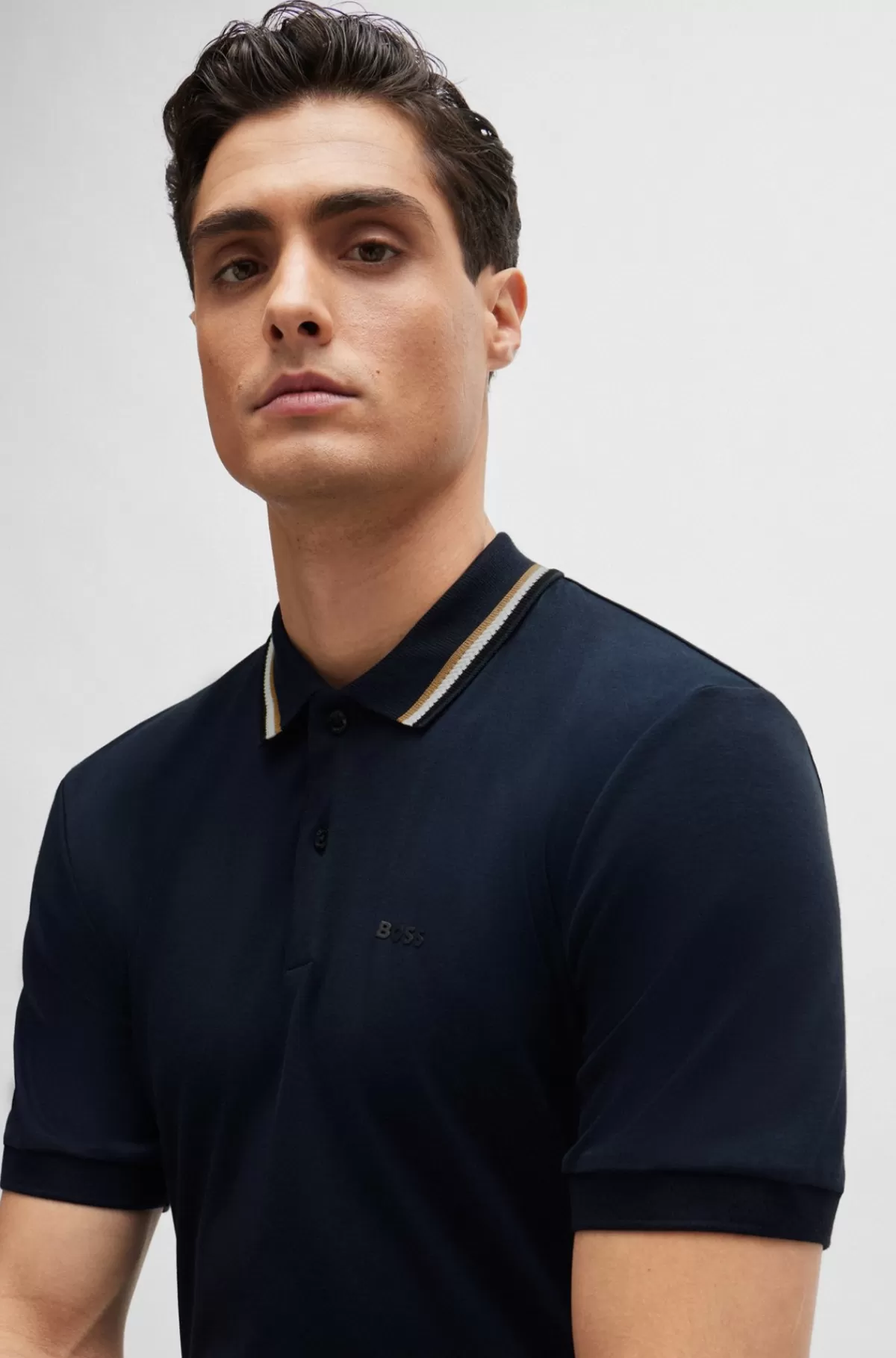 HUGO BOSS Slim Fit Poloshirt I Bomuld Med Stribet Krave Mørkeblå Store