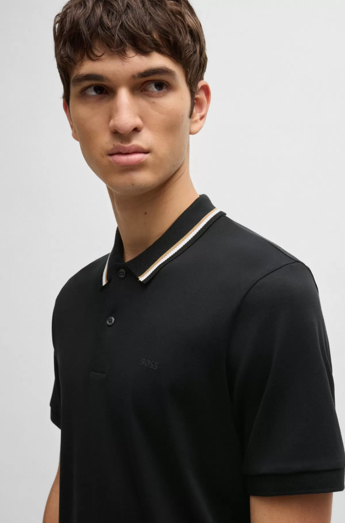 HUGO BOSS Slim Fit Poloshirt I Bomuld Med Stribet Krave Sort Shop