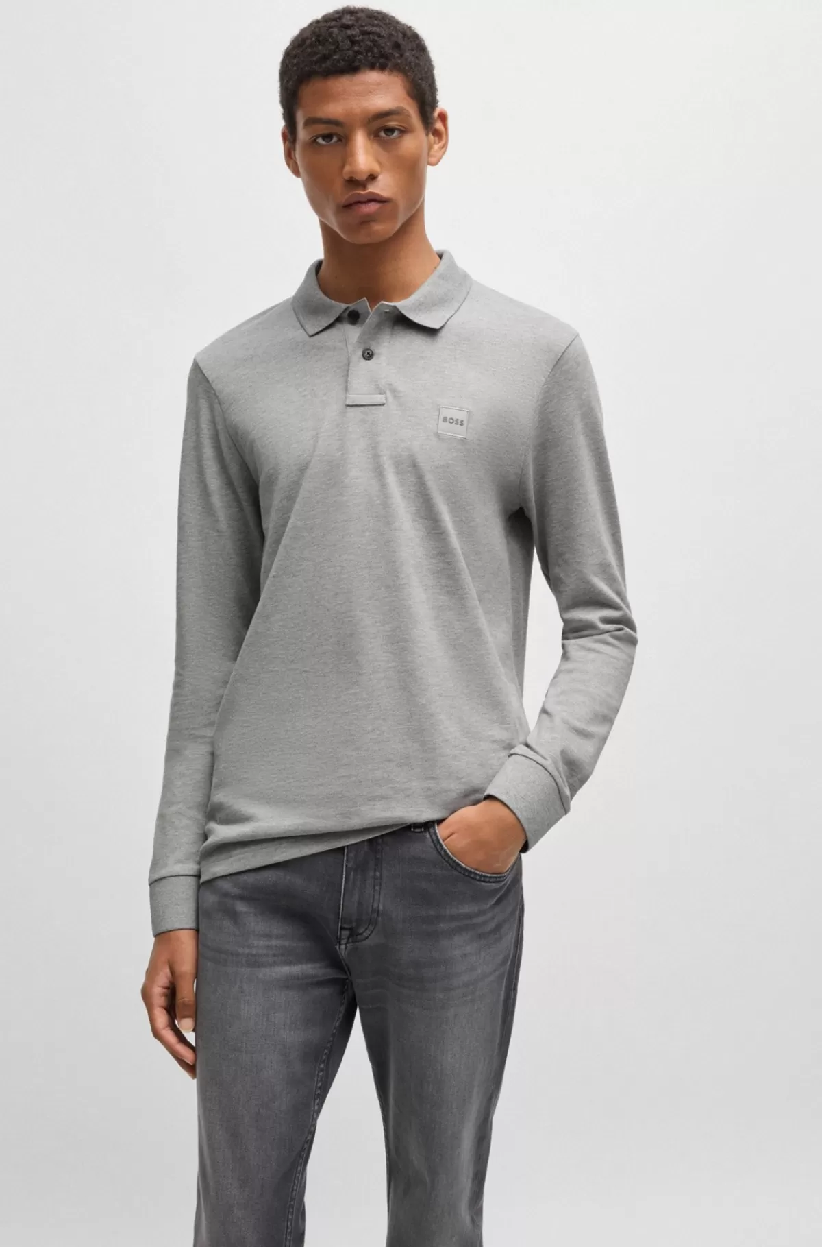 HUGO BOSS Slim Fit Poloshirt I Bomuld Med Stræk Og Logomærke Grå Hot