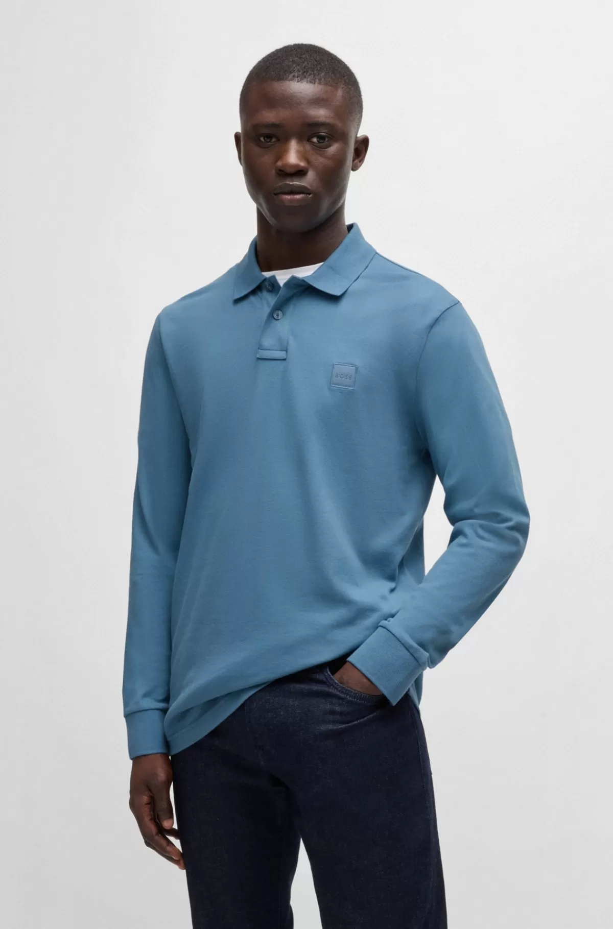 HUGO BOSS Slim Fit Poloshirt I Bomuld Med Stræk Og Logomærke Blå Sale