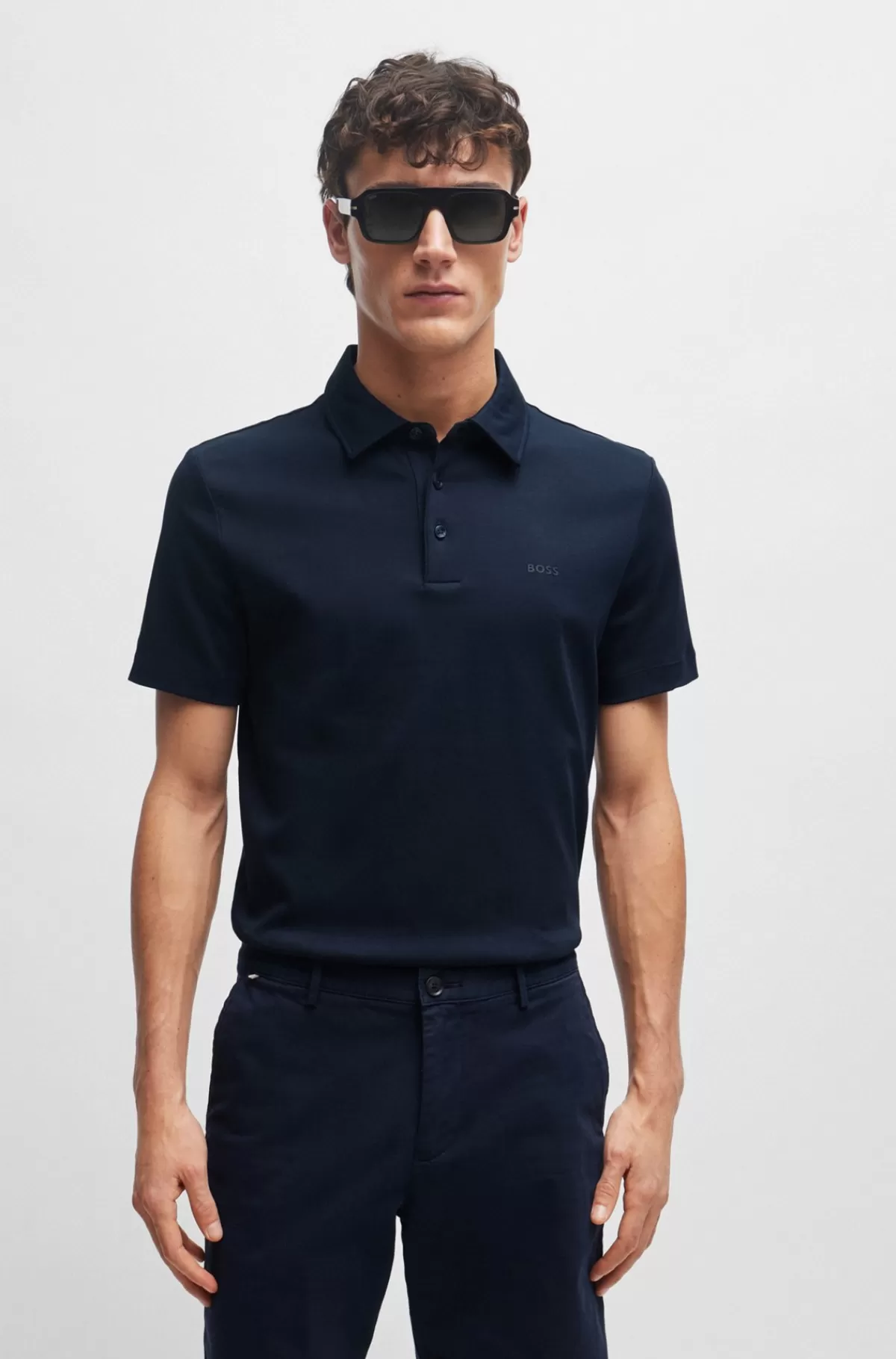 HUGO BOSS Slim Fit Poloshirt I Interlock-bomuld Med Gummibehandlet Logo Mørkeblå Fashion