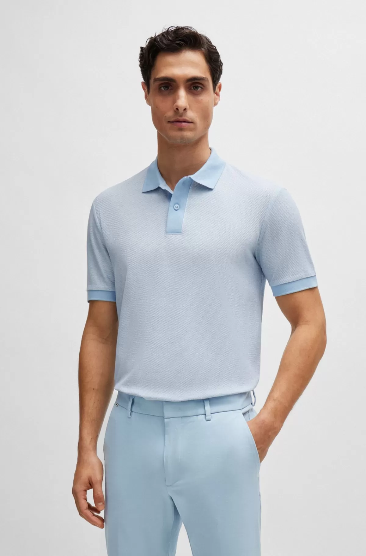 HUGO BOSS Slim Fit Poloshirt I Tofarvet, Merceriseret Bomuld Lyseblå Cheap