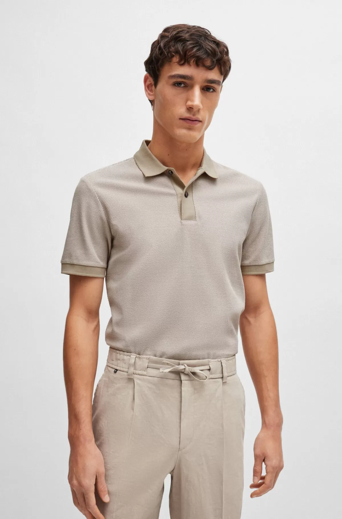 HUGO BOSS Slim Fit Poloshirt I Tofarvet, Merceriseret Bomuld Lys beige Cheap