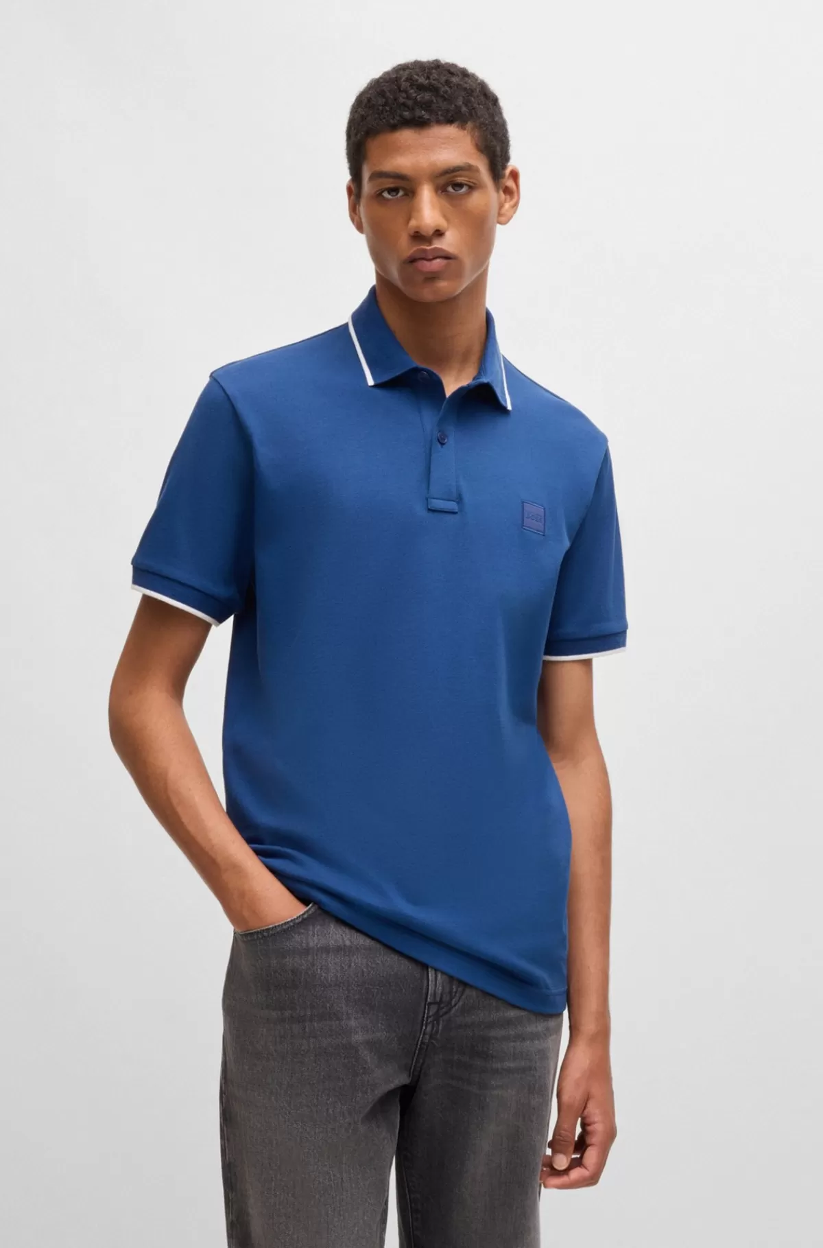 HUGO BOSS Slim Fit Poloshirt I Vasket Bomuldspiqué Med Stræk Mørkeblå Best