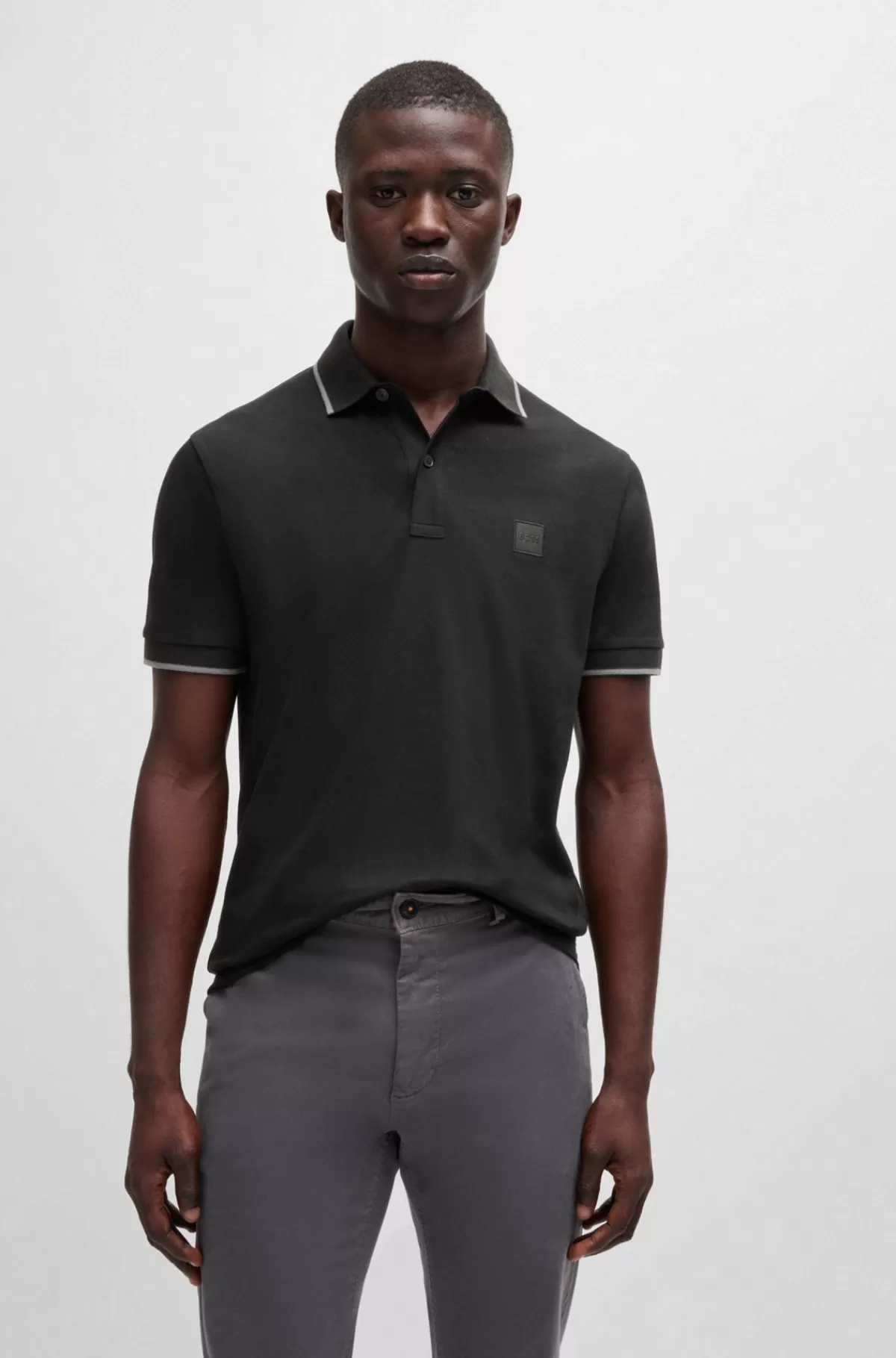 HUGO BOSS Slim Fit Poloshirt I Vasket Bomuldspiqué Med Stræk Sort Clearance