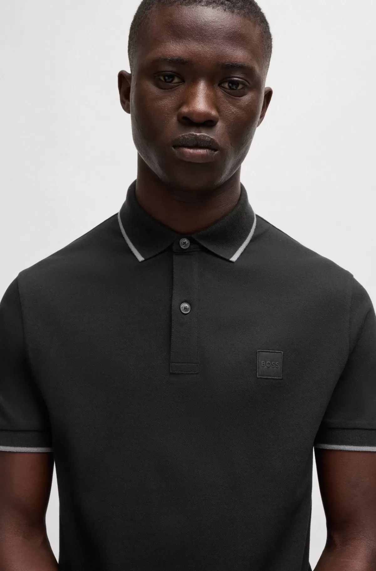 HUGO BOSS Slim Fit Poloshirt I Vasket Bomuldspiqué Med Stræk Sort Clearance