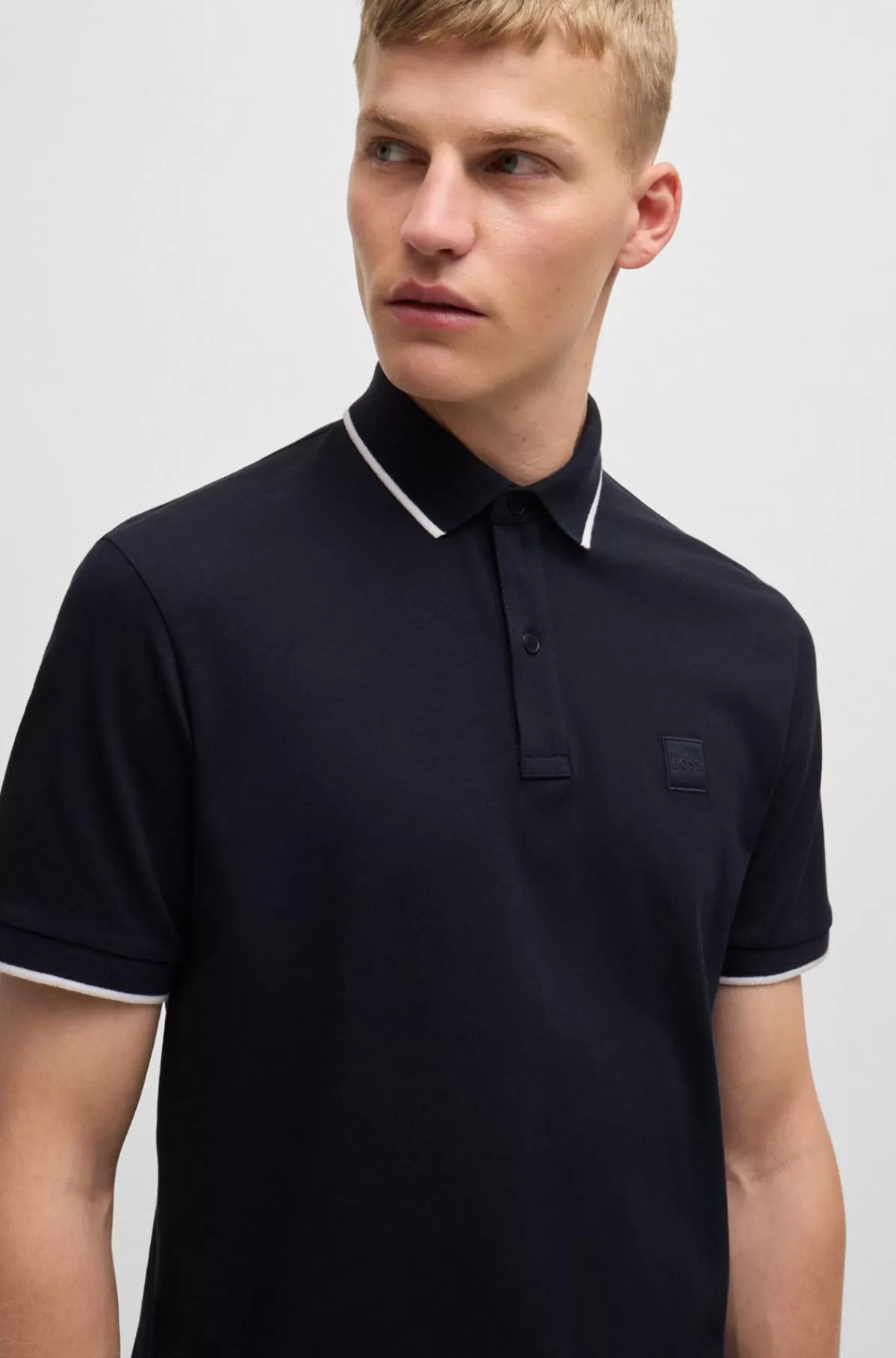 HUGO BOSS Slim Fit Poloshirt I Vasket Bomuldspiqué Med Stræk Mørkeblå New