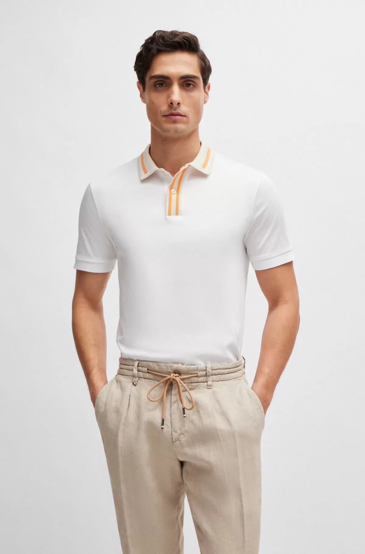 HUGO BOSS Slim Fit Poloshirt Med Kontraststriber I Merceriseret Bomuld Hvid Best Sale