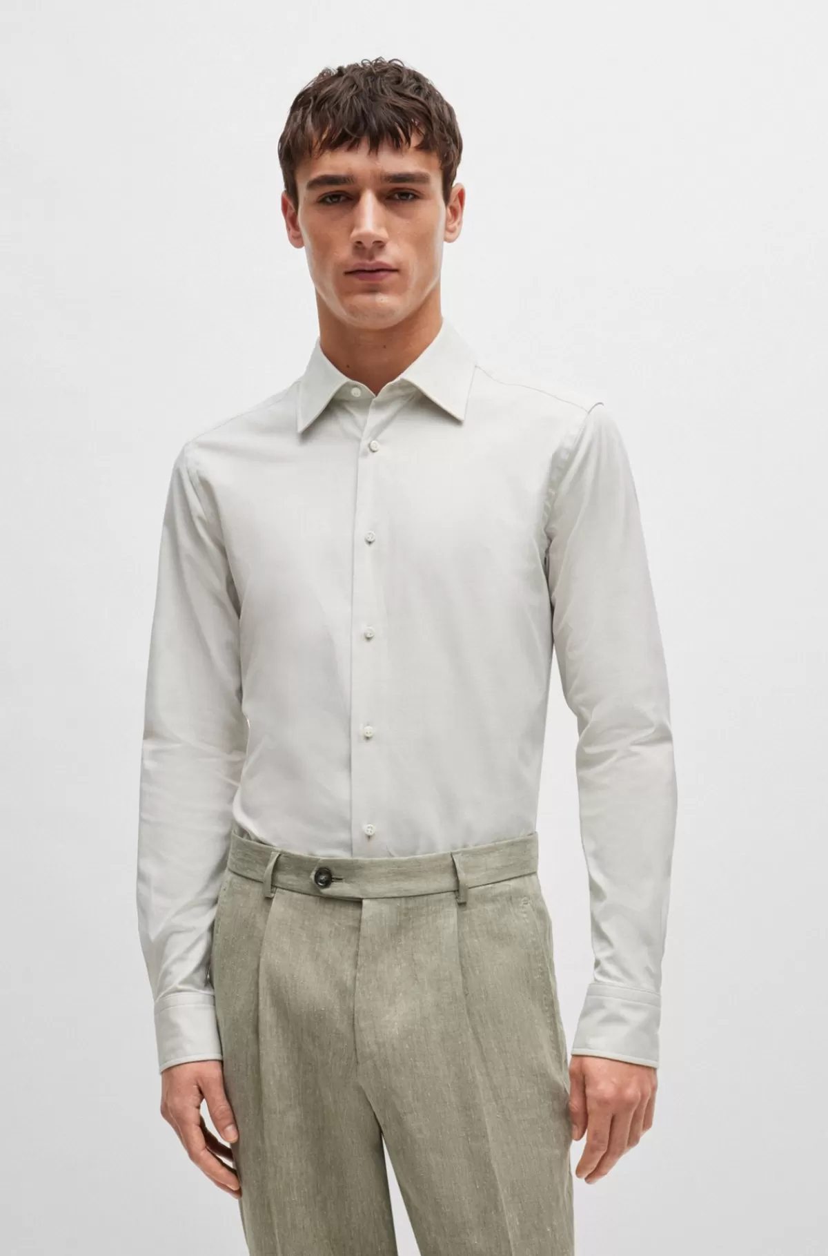 HUGO BOSS Slim Fit Skjorte I Bomuld Med Mikrostruktur Og Stræk Naturlig Cheap