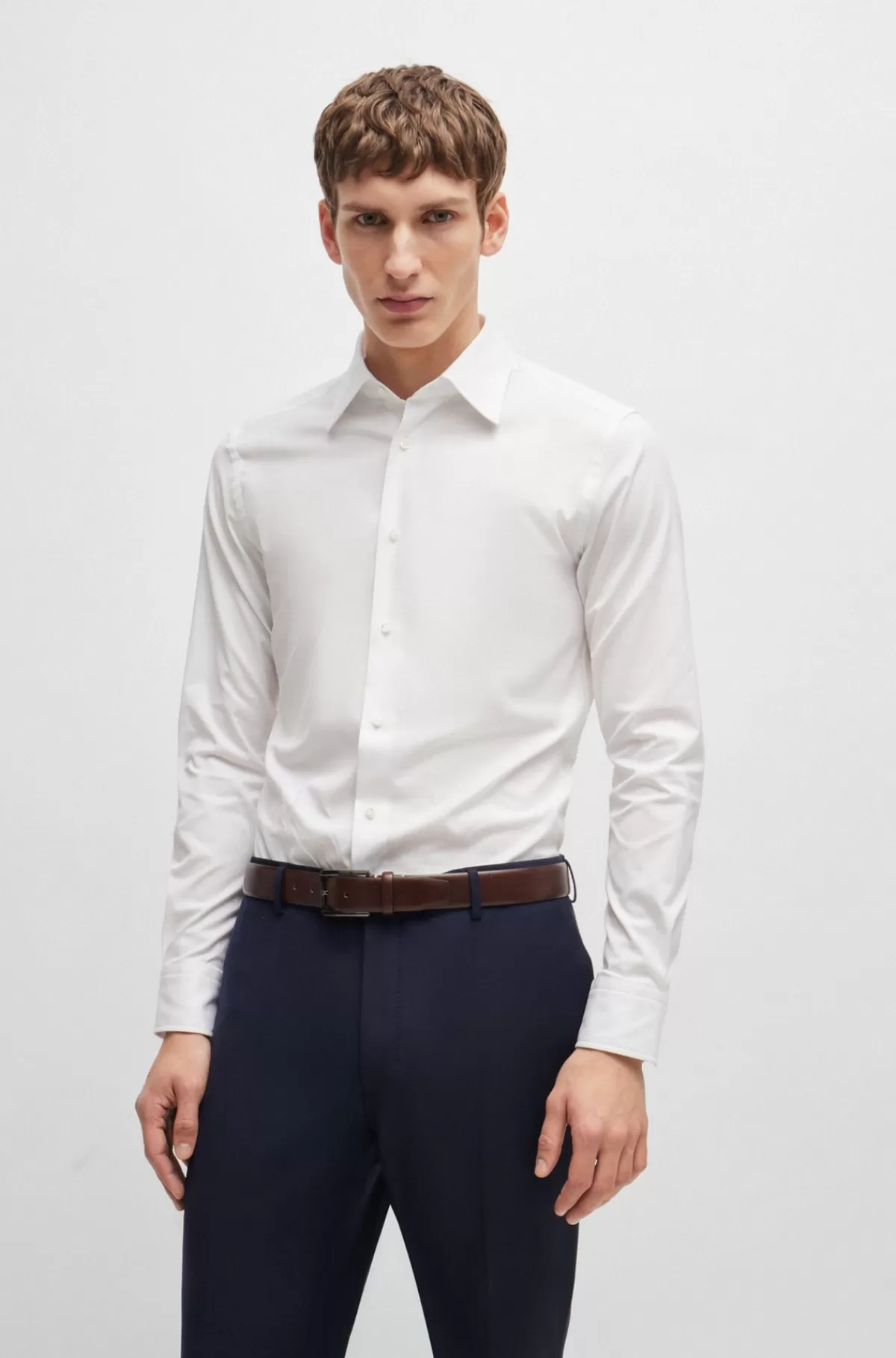 HUGO BOSS Slim Fit Skjorte I Bomuld Med Mikrostruktur Og Stræk Hvid Outlet