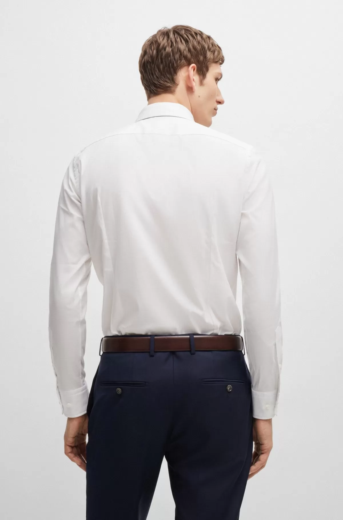 HUGO BOSS Slim Fit Skjorte I Bomuld Med Mikrostruktur Og Stræk Hvid Outlet