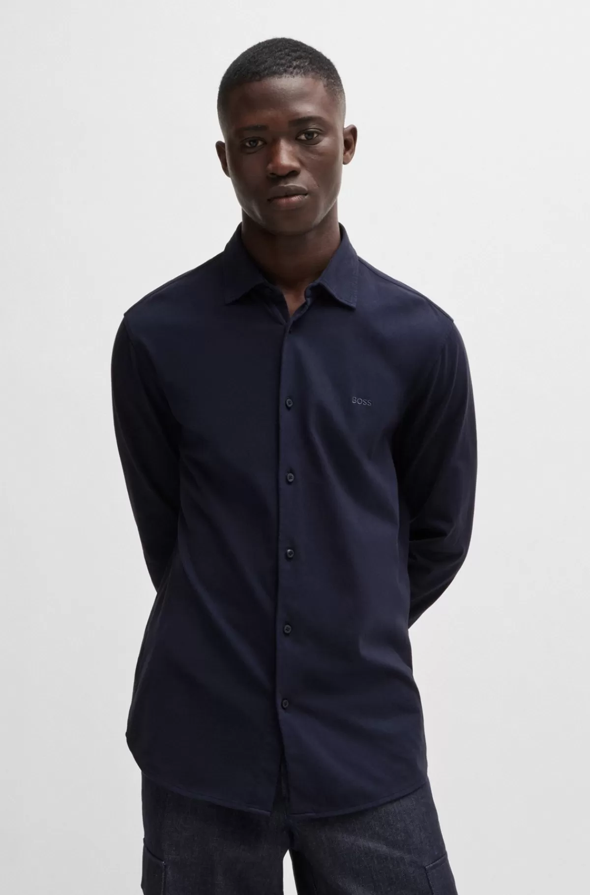 HUGO BOSS Slim Fit Skjorte I Bomuldsjersey Med Broderet Branding Mørkeblå Hot