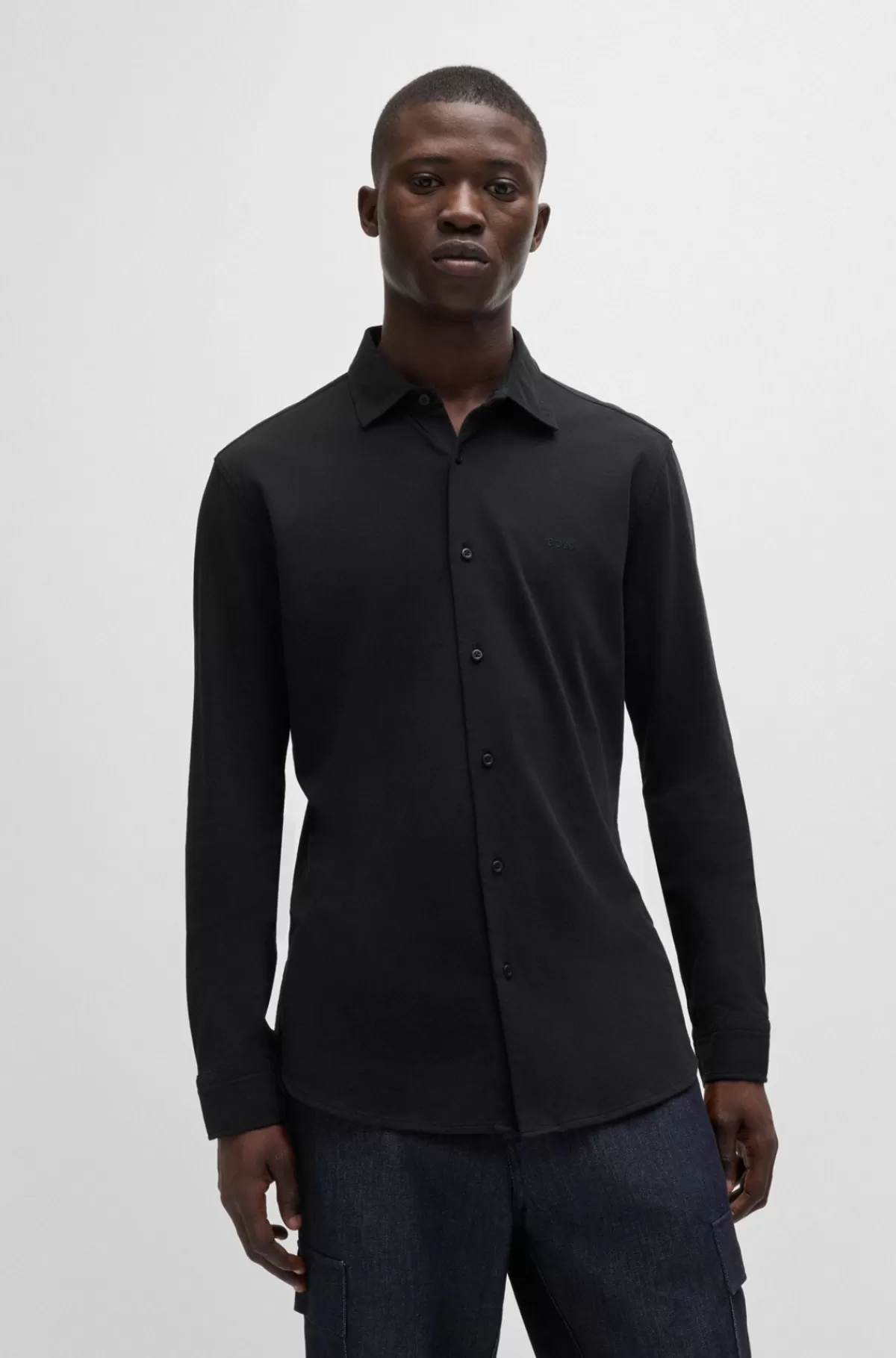 HUGO BOSS Slim Fit Skjorte I Bomuldsjersey Med Broderet Branding Sort Online