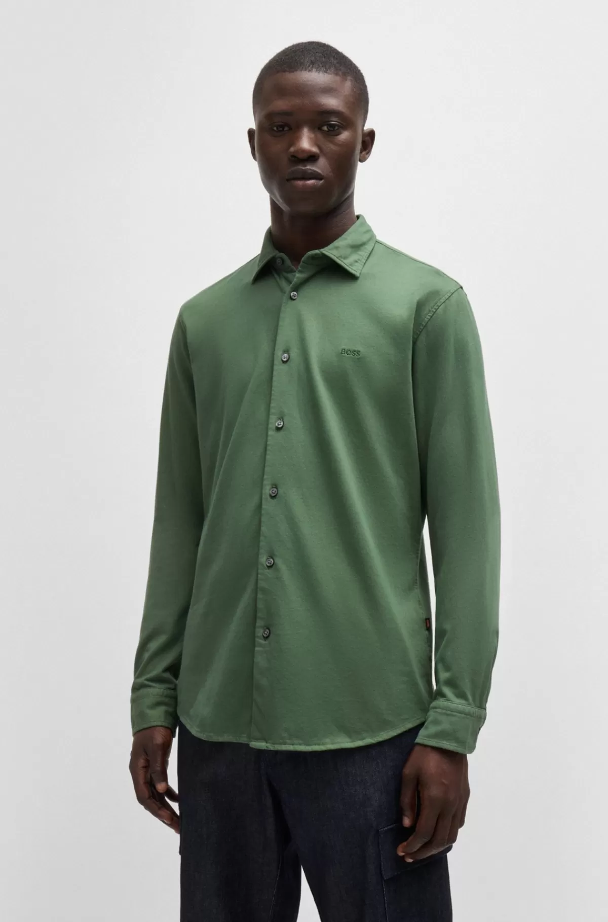 HUGO BOSS Slim Fit Skjorte I Bomuldsjersey Med Broderet Branding Lysegrøn Best