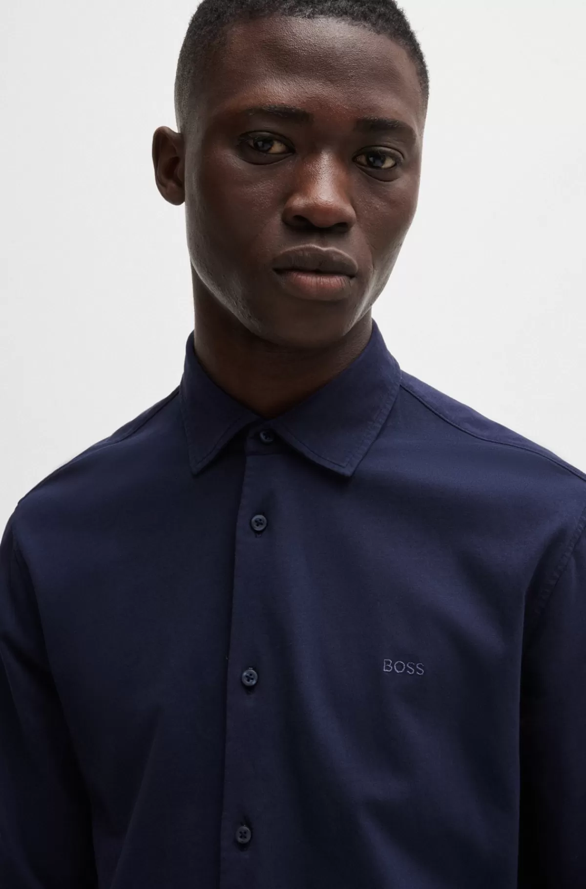 HUGO BOSS Slim Fit Skjorte I Bomuldsjersey Med Broderet Branding Mørkeblå Hot