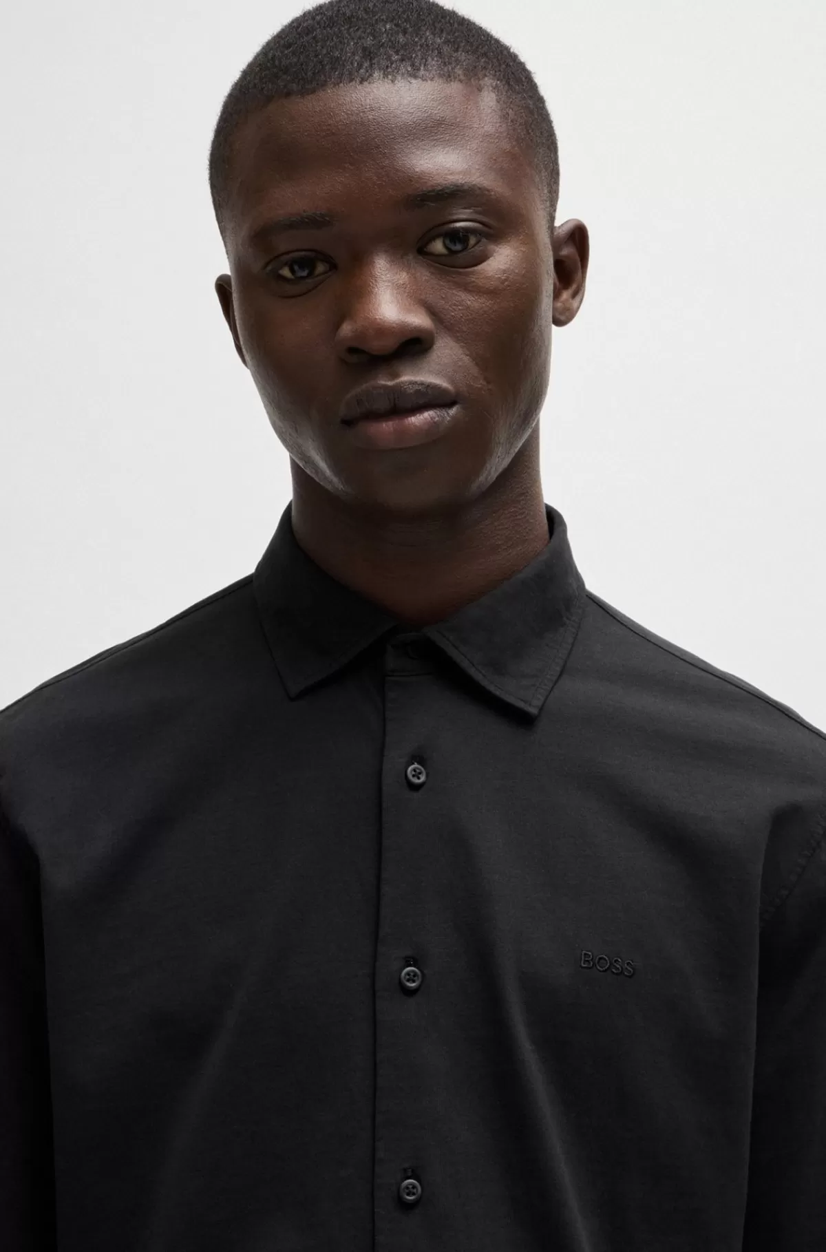 HUGO BOSS Slim Fit Skjorte I Bomuldsjersey Med Broderet Branding Sort Online