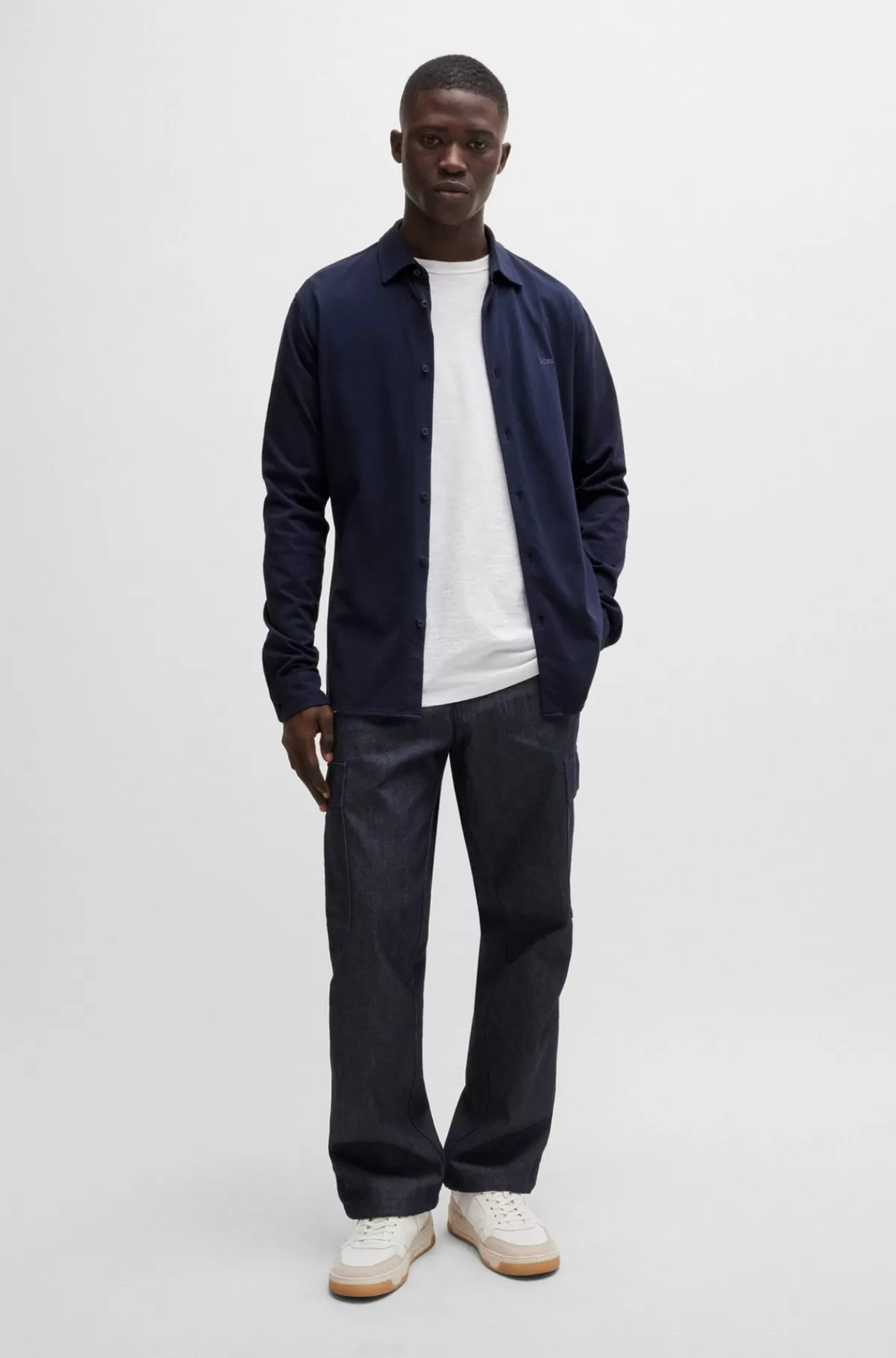 HUGO BOSS Slim Fit Skjorte I Bomuldsjersey Med Broderet Branding Mørkeblå Hot