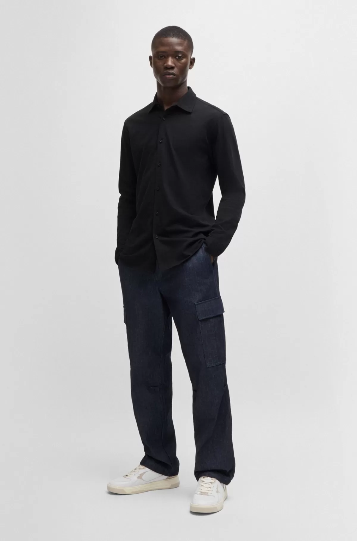 HUGO BOSS Slim Fit Skjorte I Bomuldsjersey Med Broderet Branding Sort Online