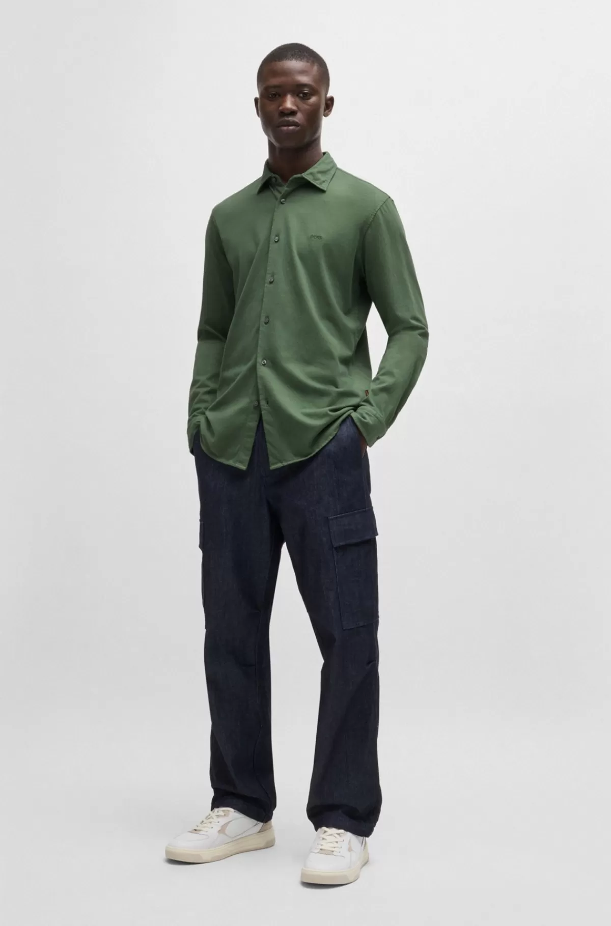 HUGO BOSS Slim Fit Skjorte I Bomuldsjersey Med Broderet Branding Lysegrøn Best
