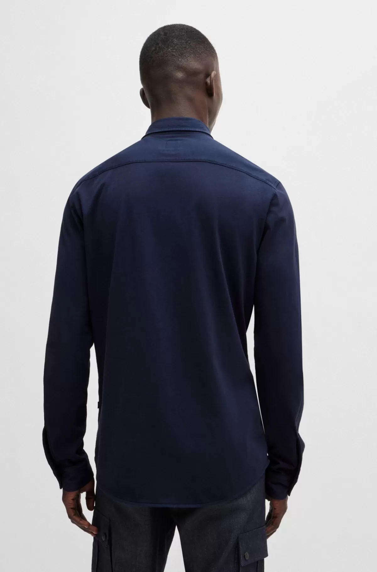 HUGO BOSS Slim Fit Skjorte I Bomuldsjersey Med Broderet Branding Mørkeblå Hot