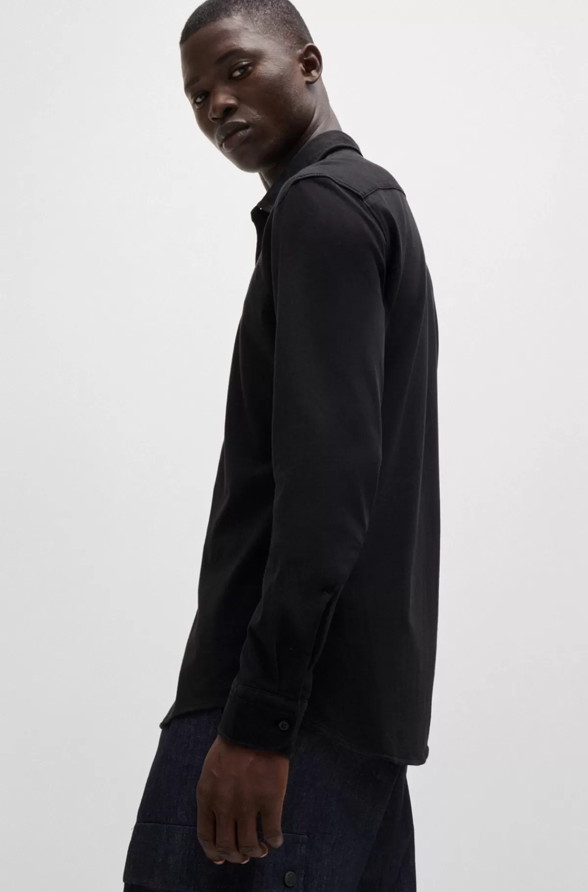 HUGO BOSS Slim Fit Skjorte I Bomuldsjersey Med Broderet Branding Sort Online